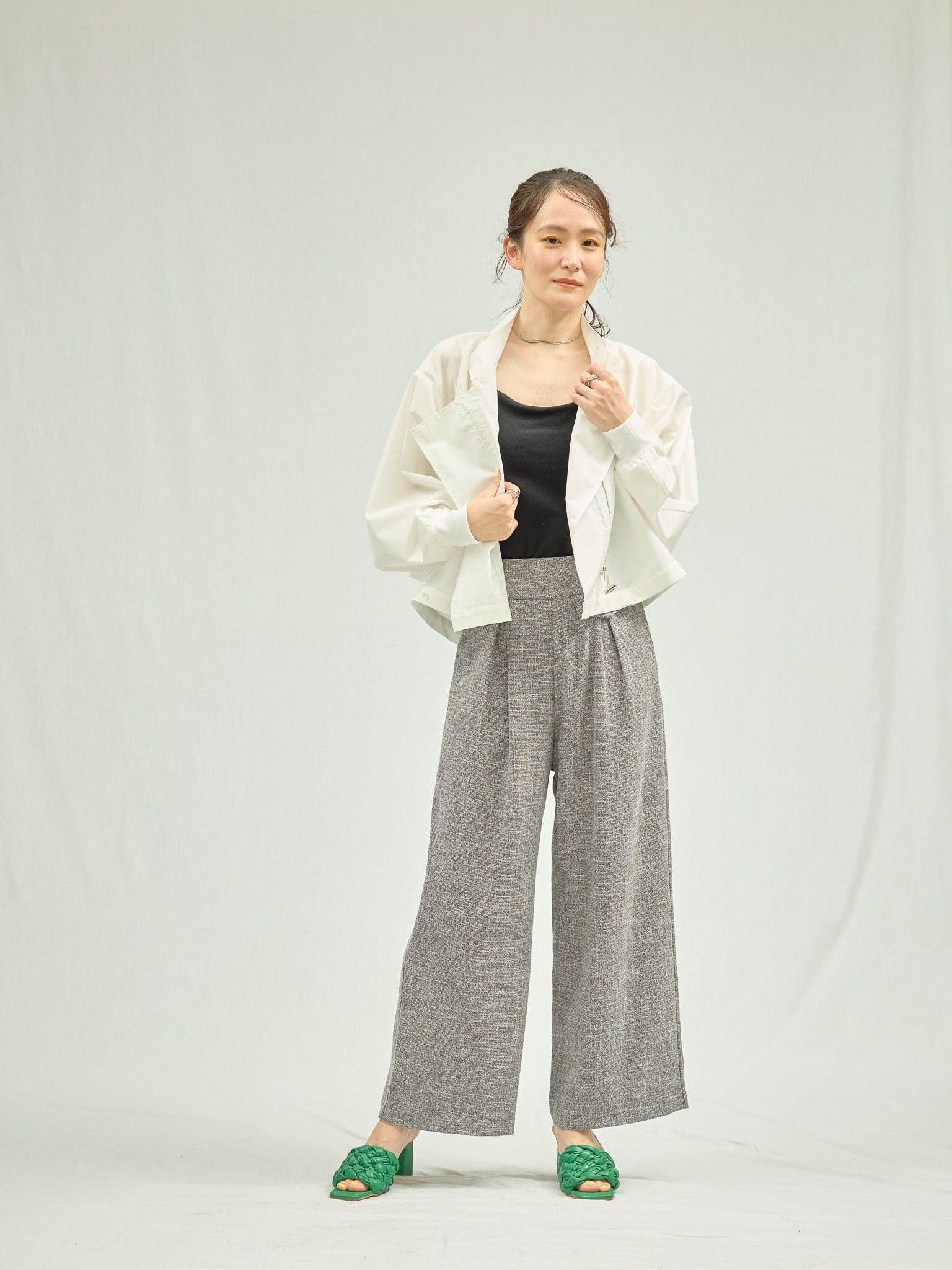 麻ライクツィードワイドパンツ [601287] grey