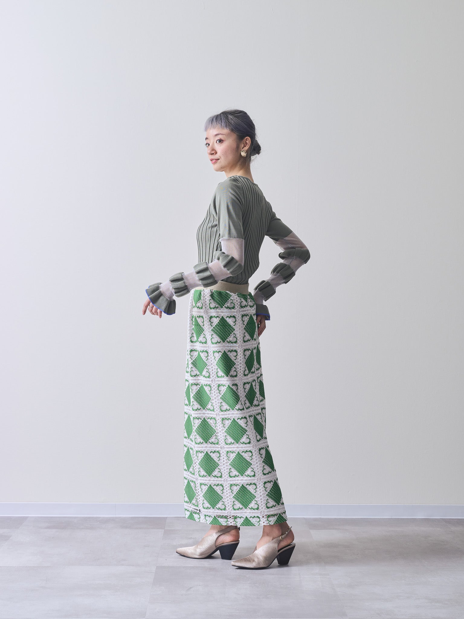 幾何学柄レーススカート　[603261] green