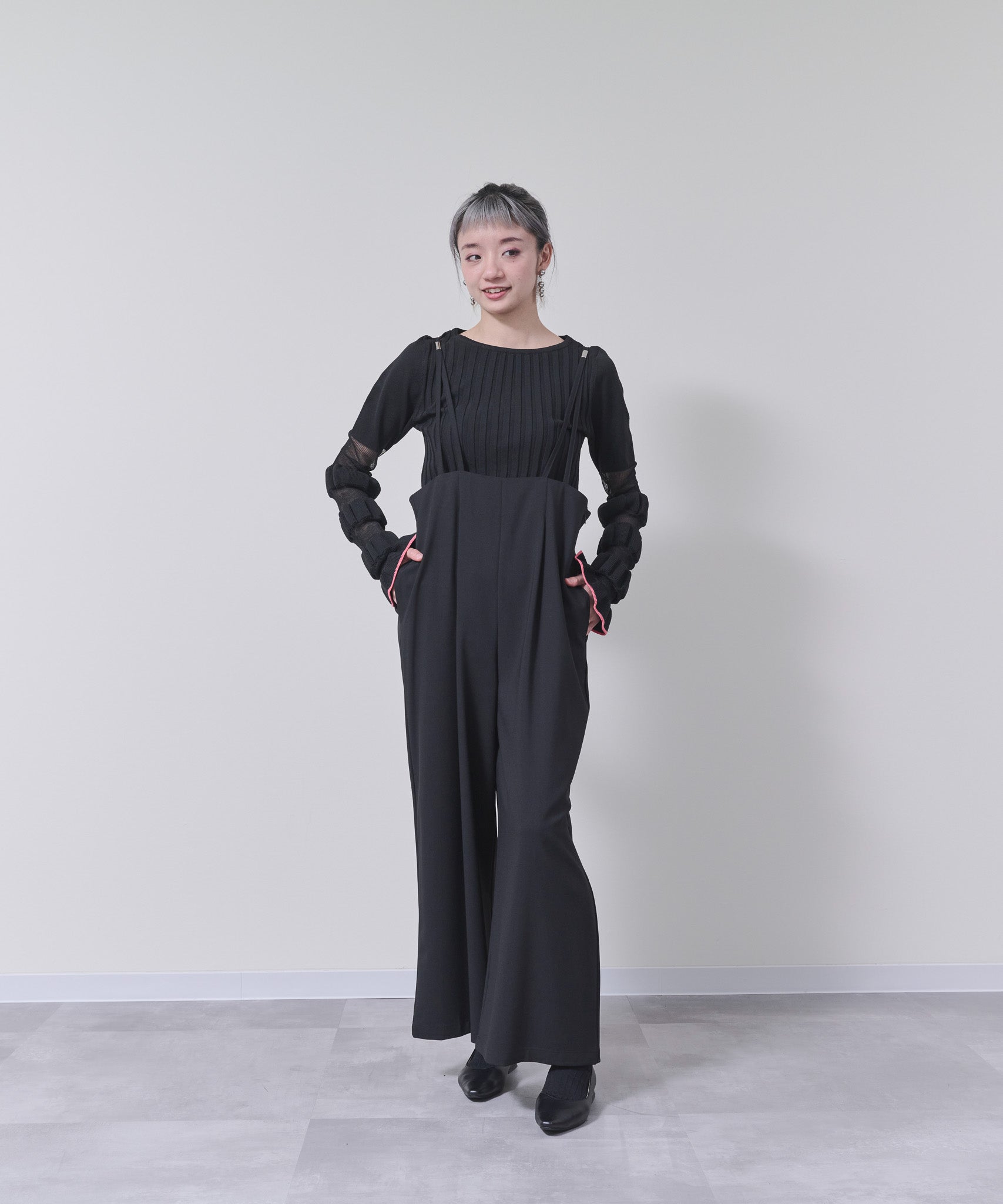 ウェーブシアースリーブニット　[605458] black