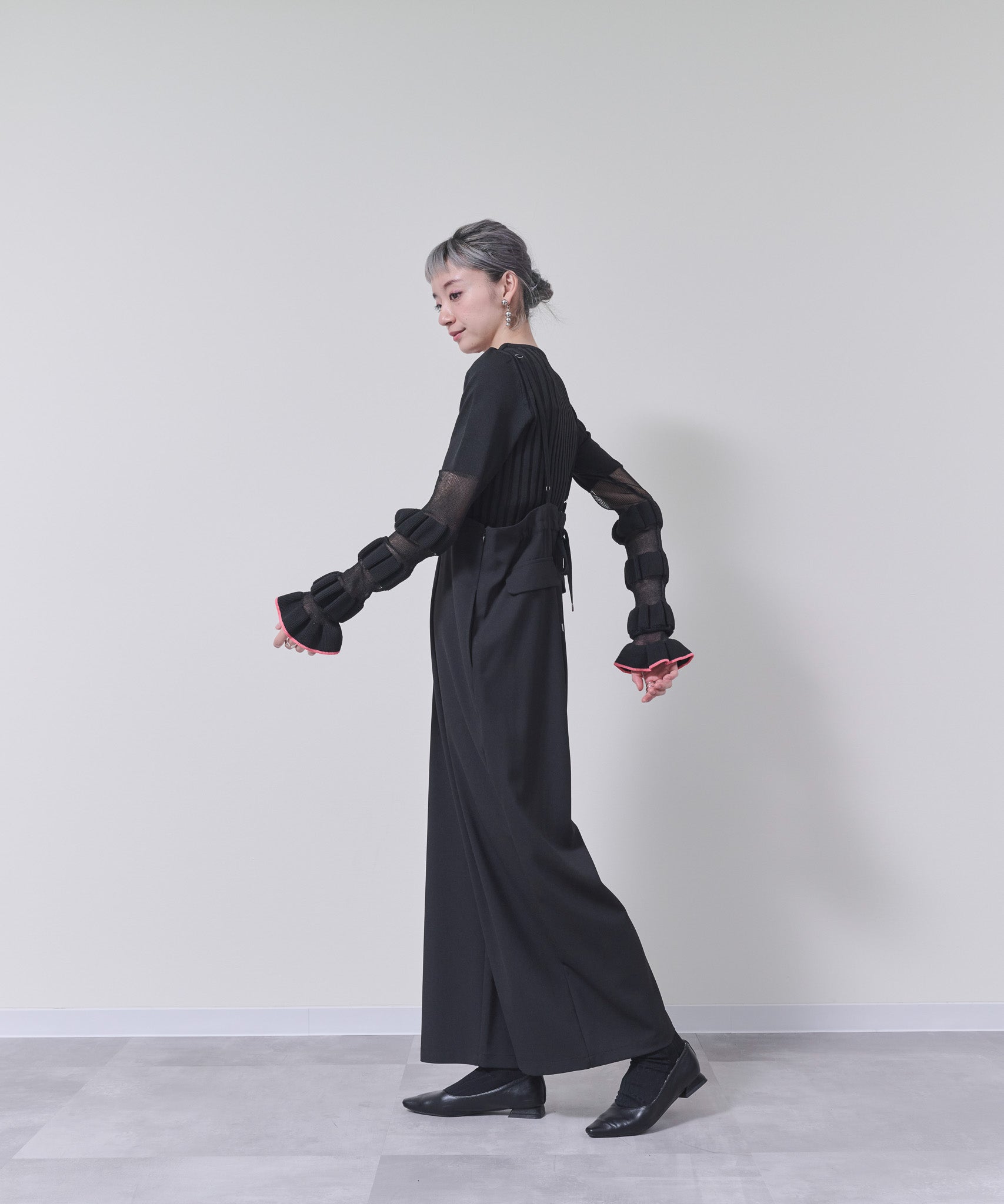 ウェーブシアースリーブニット　[605458] black