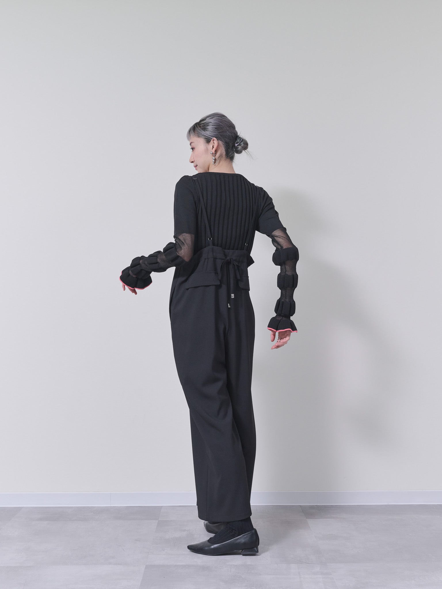 ウェーブシアースリーブニット　[605458] black