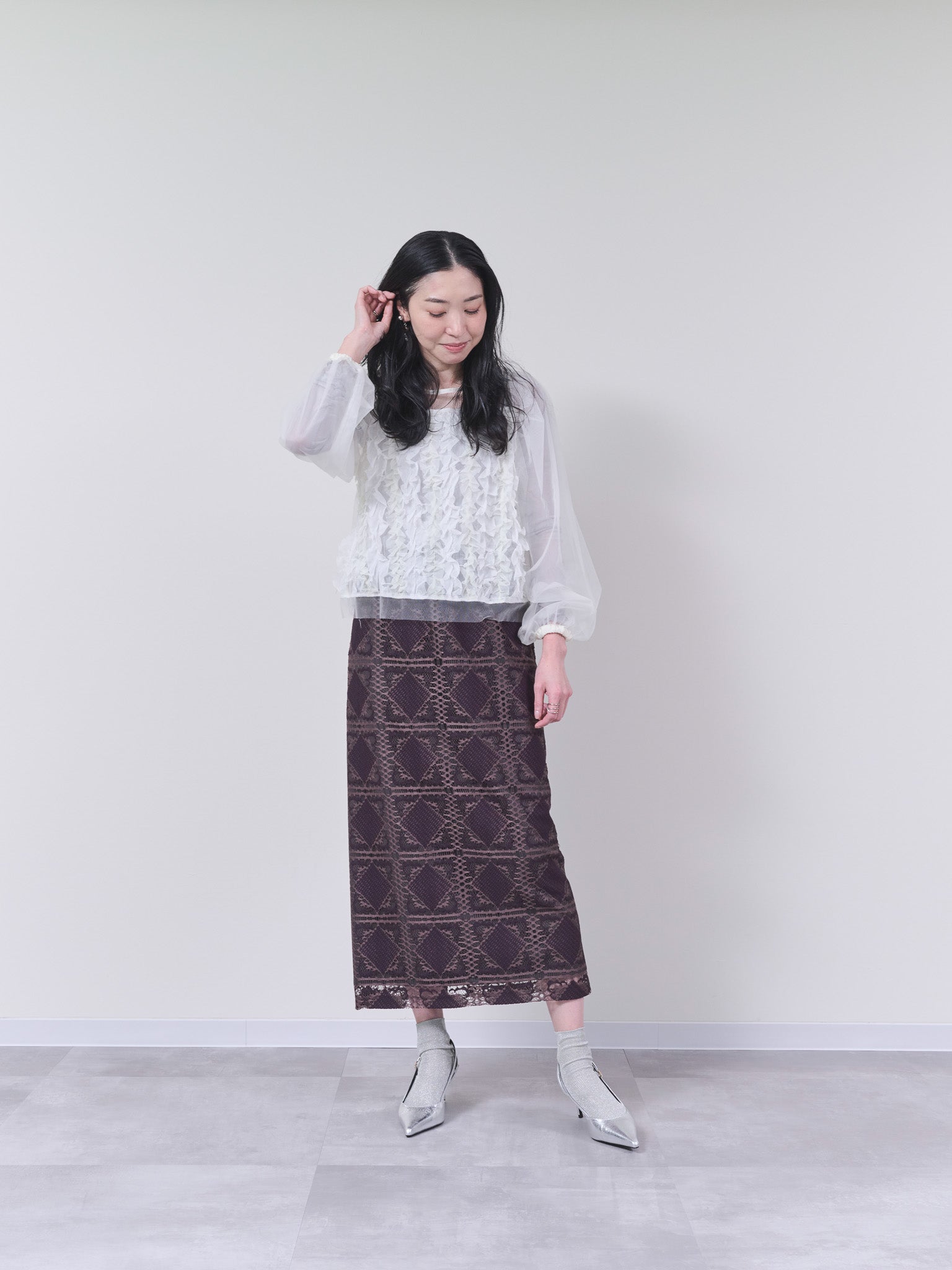 幾何学柄レーススカート　[603261] brown