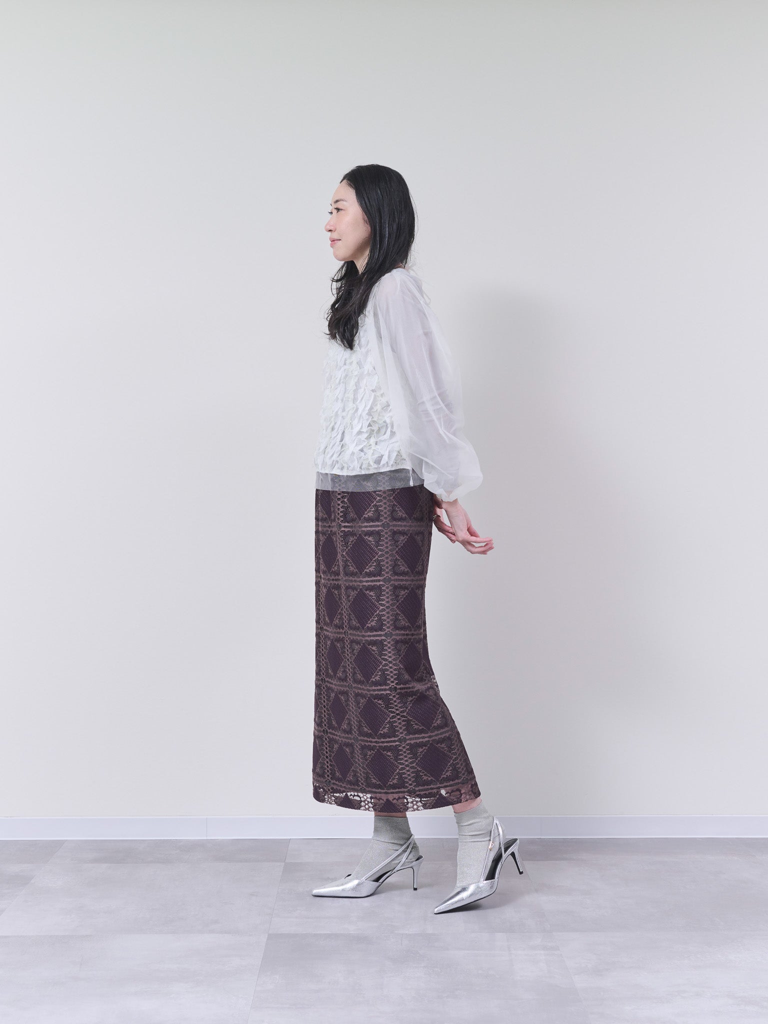 幾何学柄レーススカート　[603261] brown