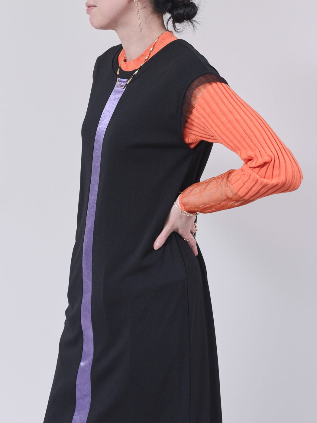 異素材配色バックオープンワンピース [601133] black