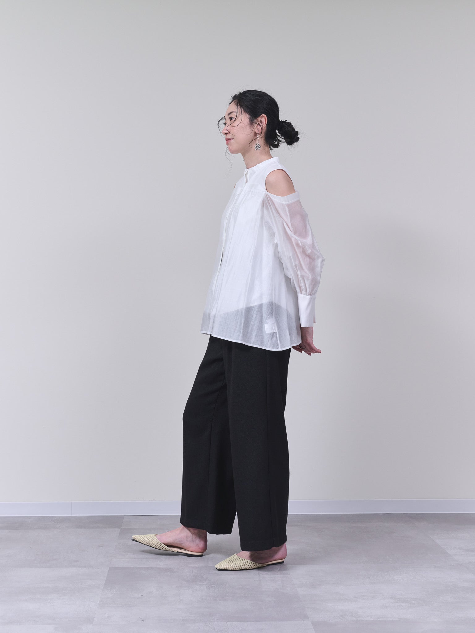 麻ライクツィードワイドパンツ [601287] black