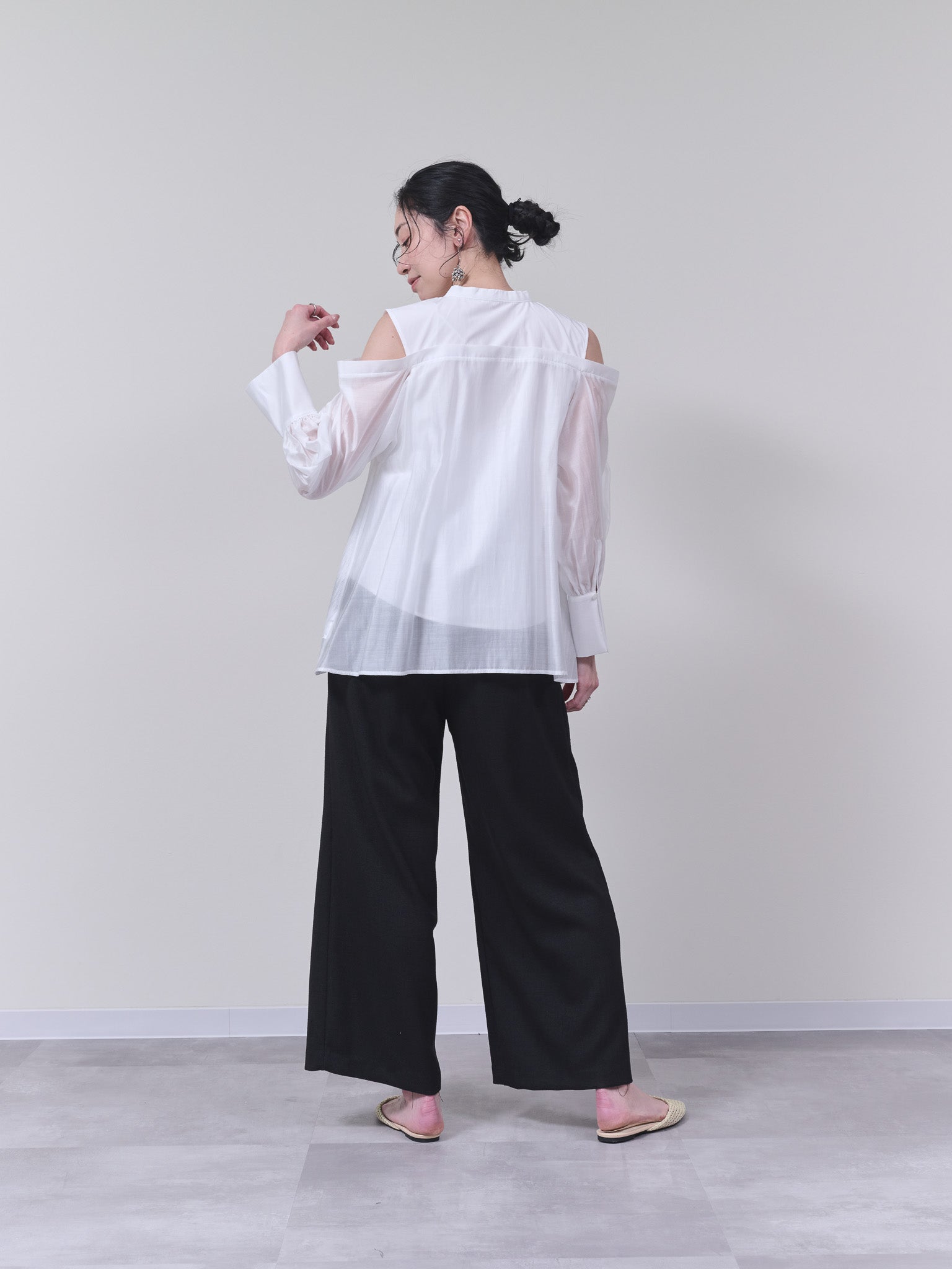 麻ライクツィードワイドパンツ [601287] black