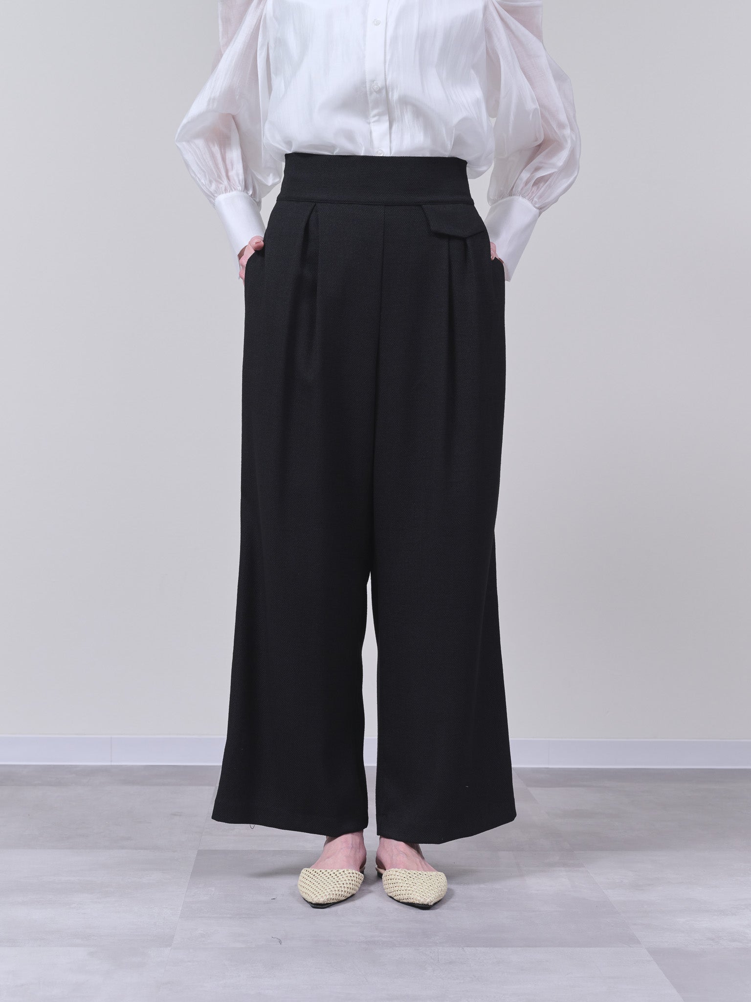 麻ライクツィードワイドパンツ [601287] black