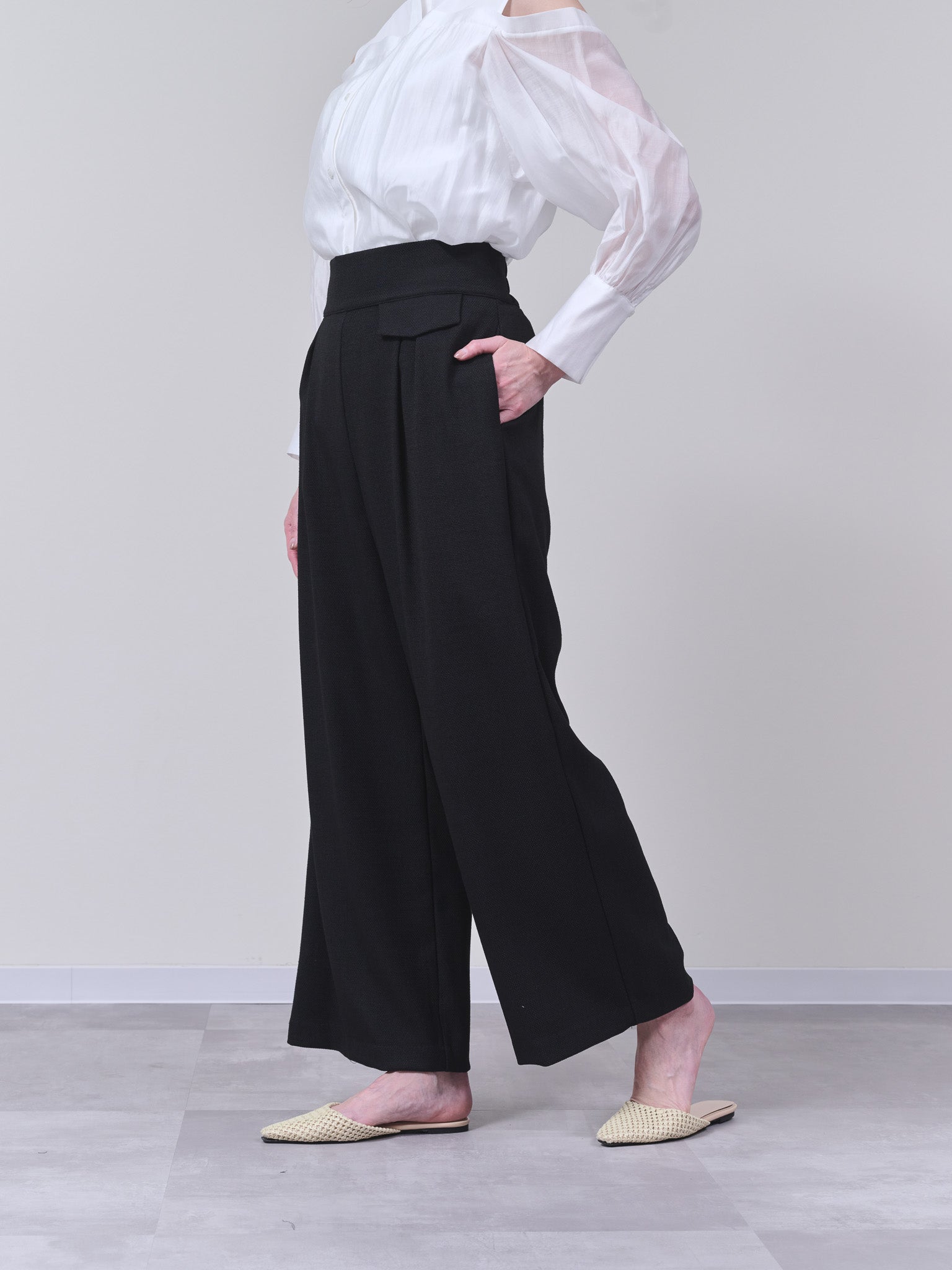 麻ライクツィードワイドパンツ [601287] black