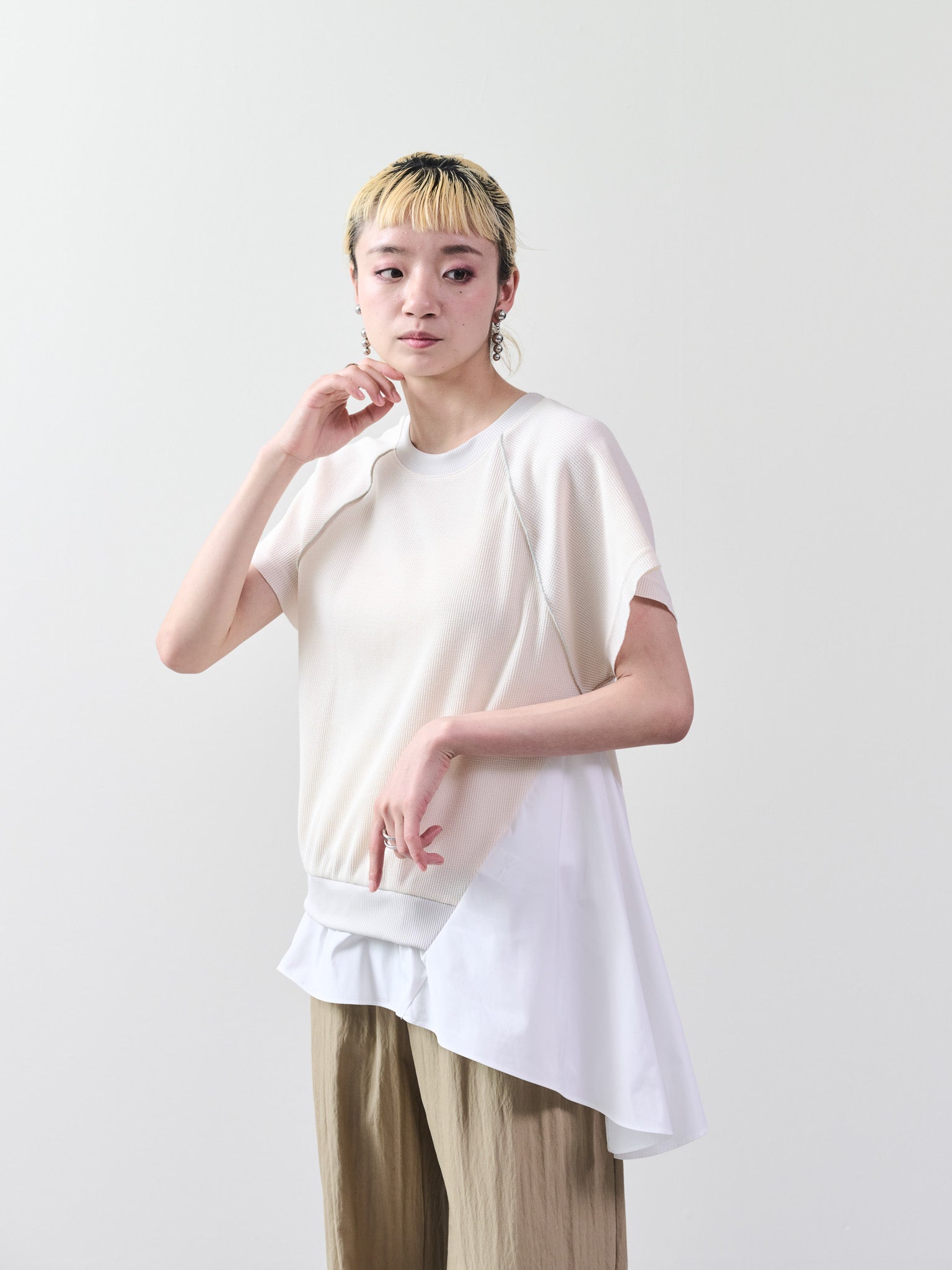 ワッフルアームホール配色アシメヘムトップス [601399] ivory