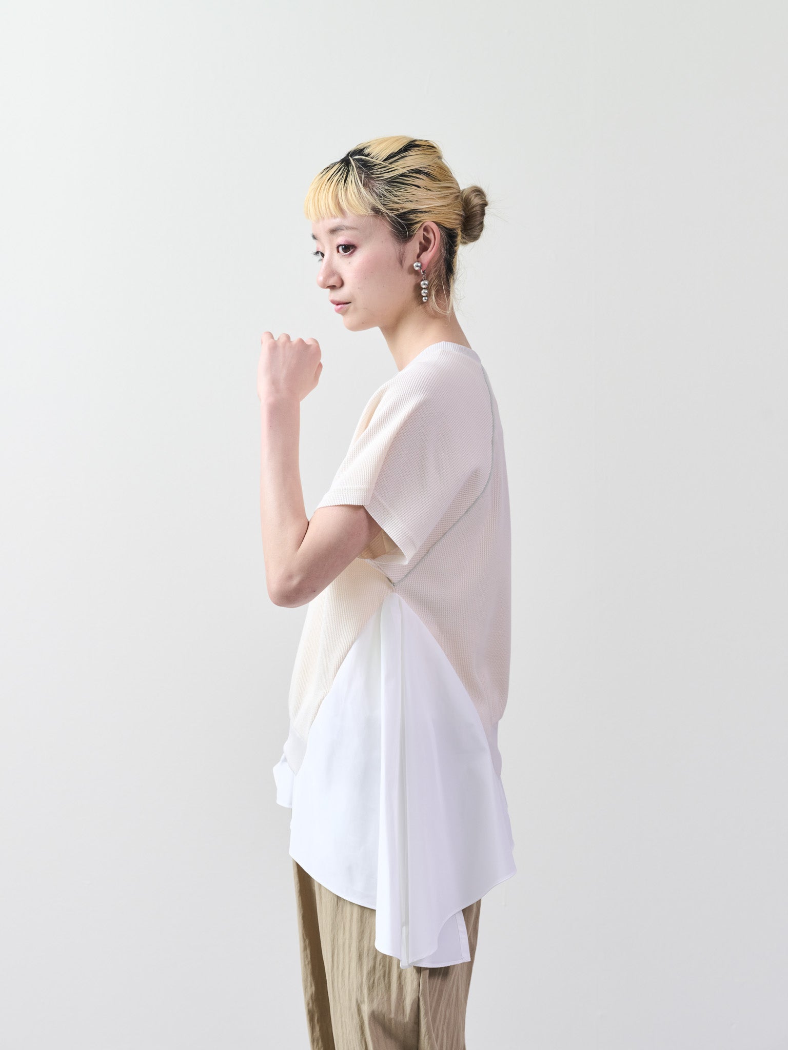 ワッフルアームホール配色アシメヘムトップス [601399] ivory