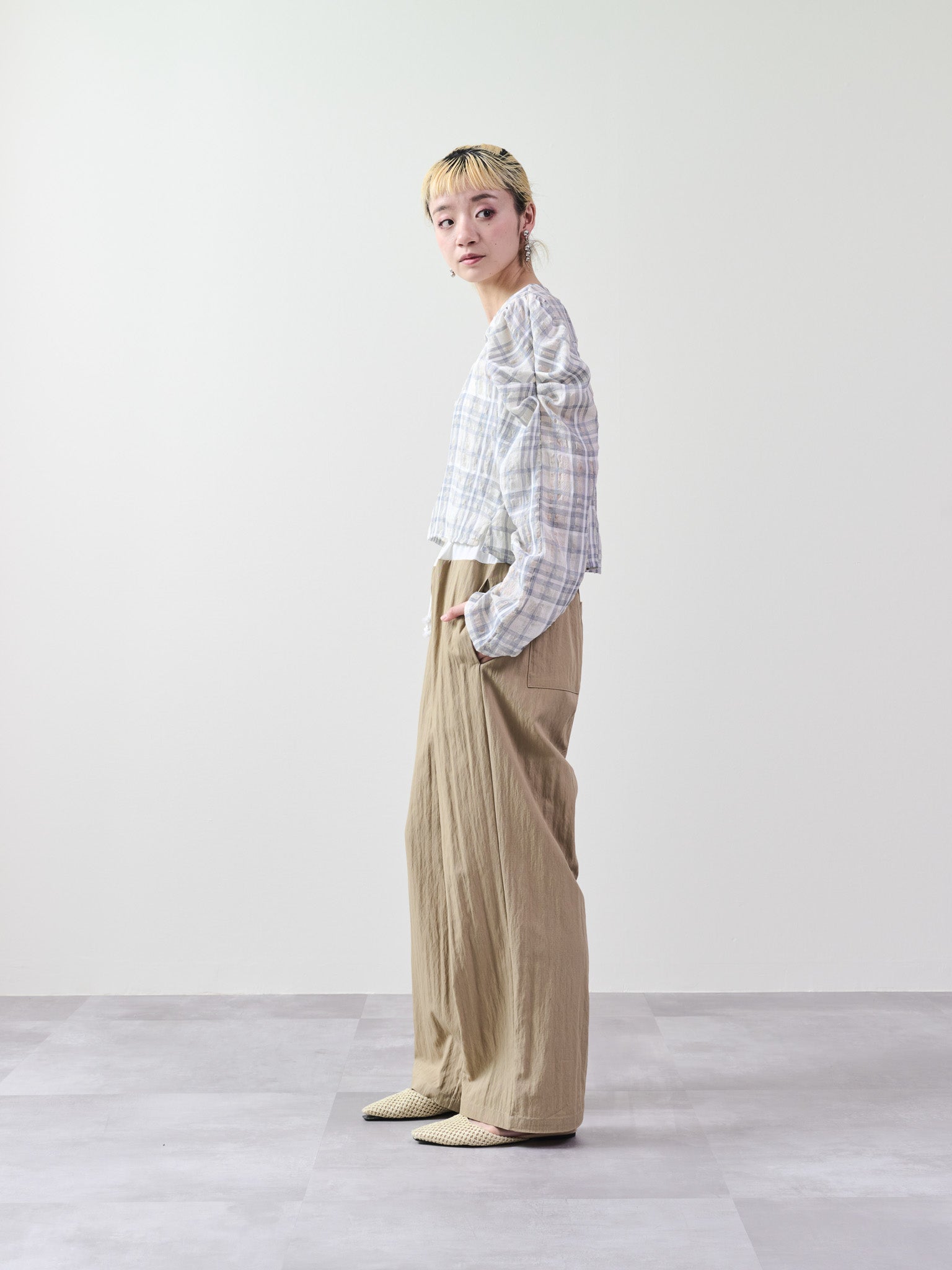 ウエストシャーリング配色ワイドパンツ [601314] beige