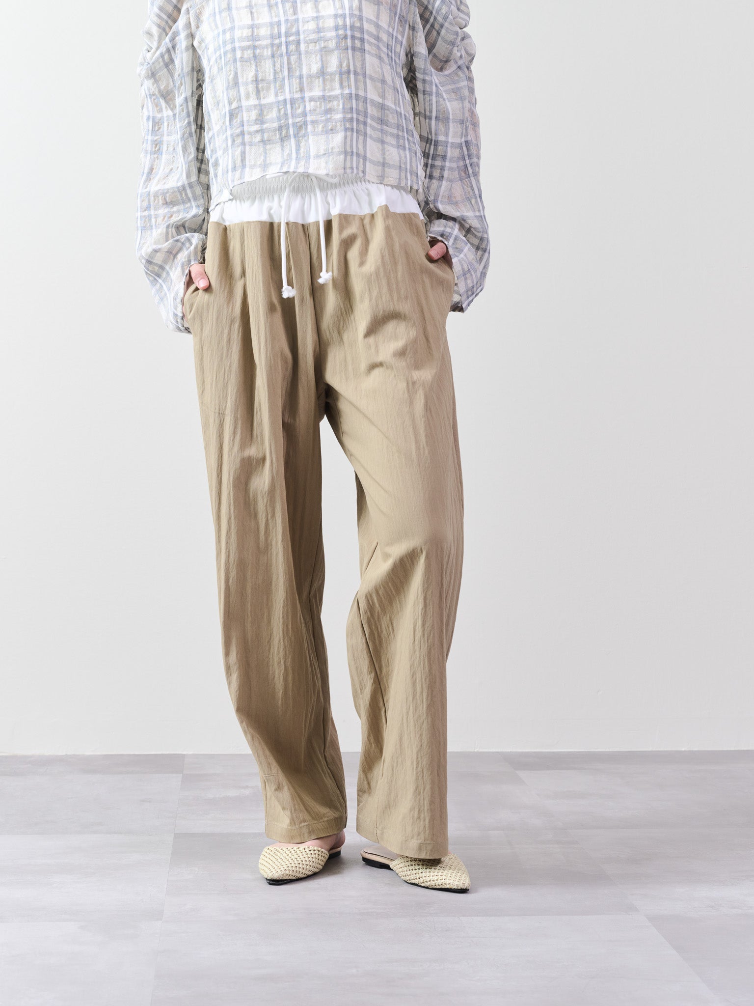 ウエストシャーリング配色ワイドパンツ [601314] beige
