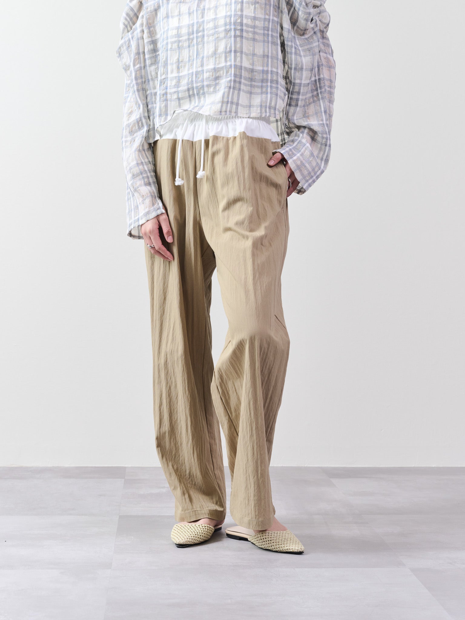 ウエストシャーリング配色ワイドパンツ [601314] beige