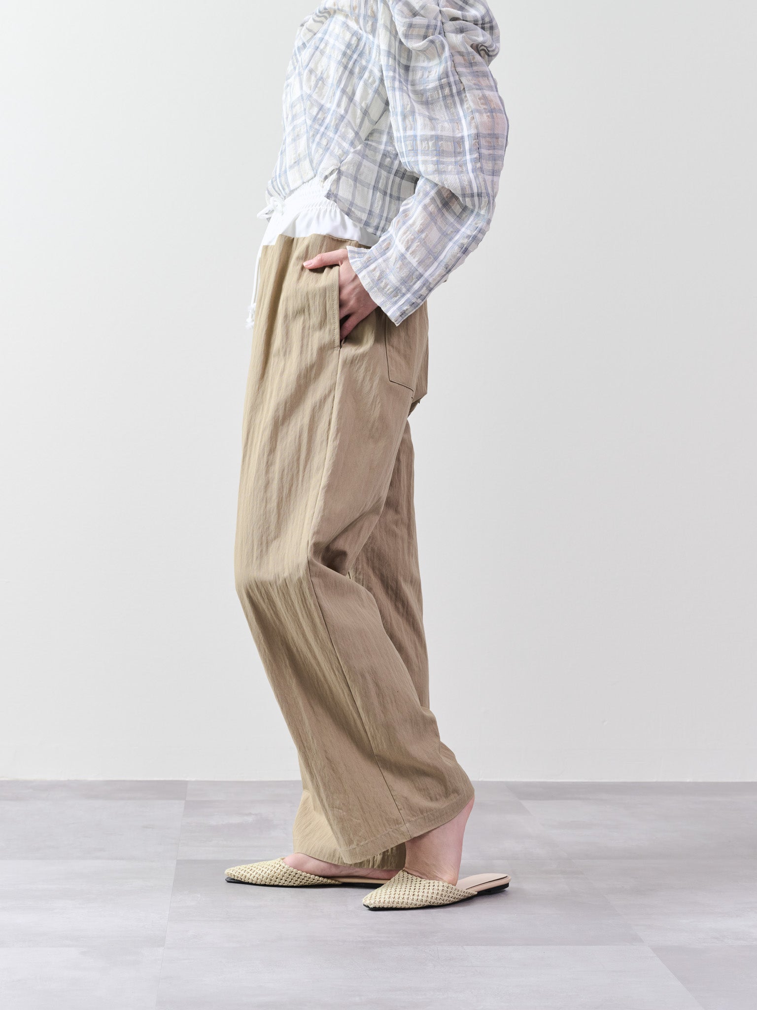 ウエストシャーリング配色ワイドパンツ [601314] beige