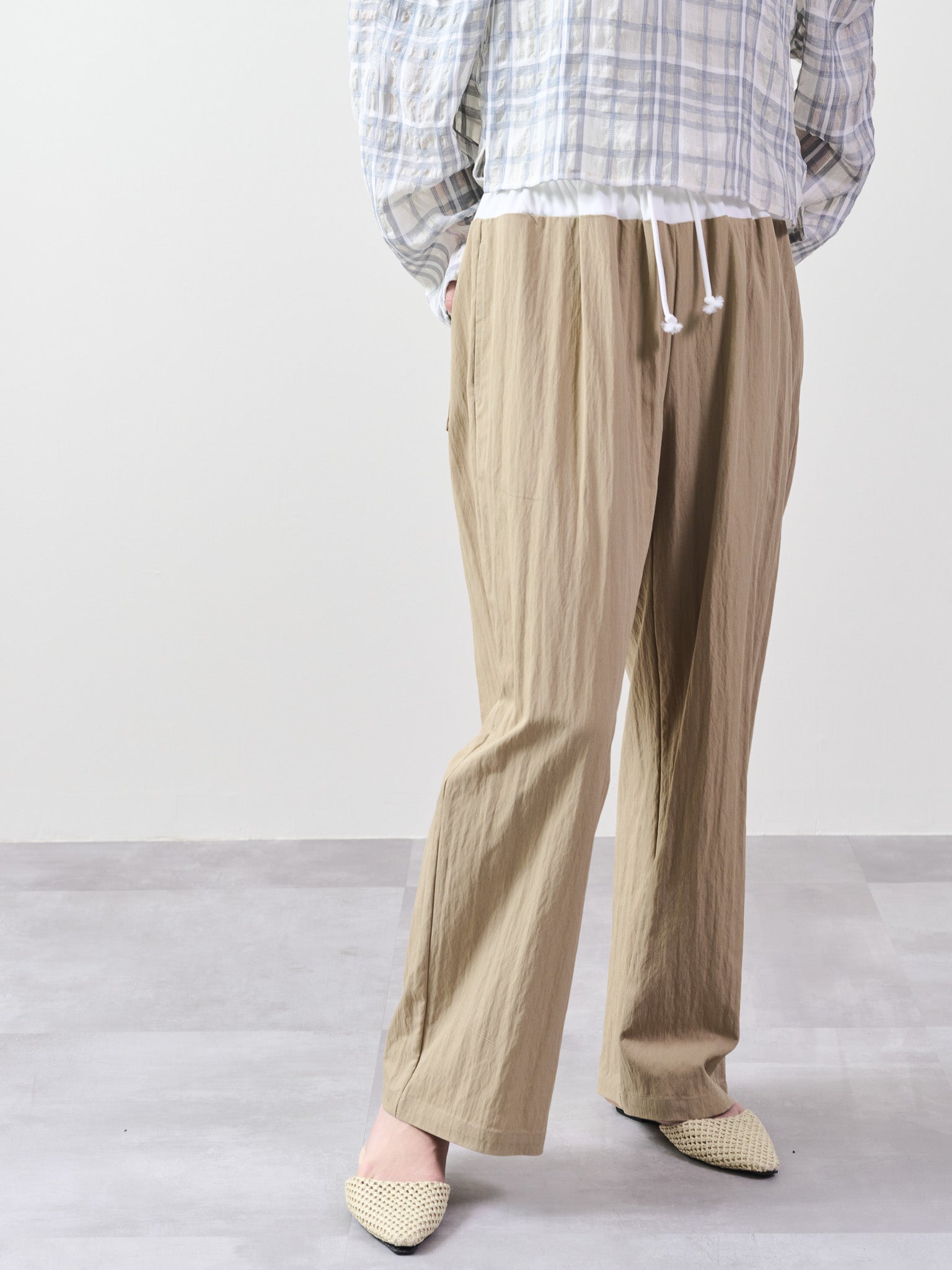 ウエストシャーリング配色ワイドパンツ [601314] beige