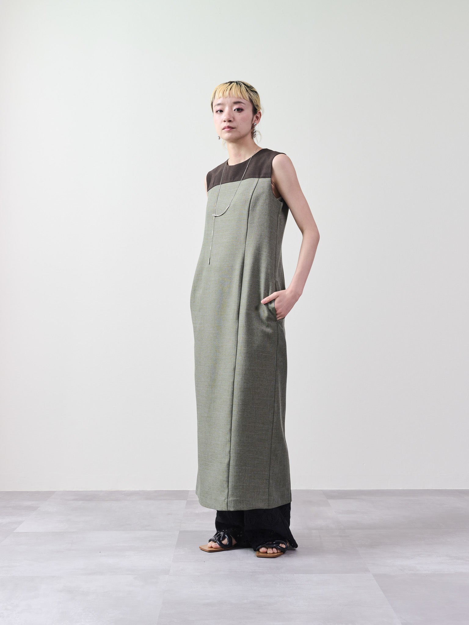 ツィードライク配色Iラインワンピース [603317] khaki