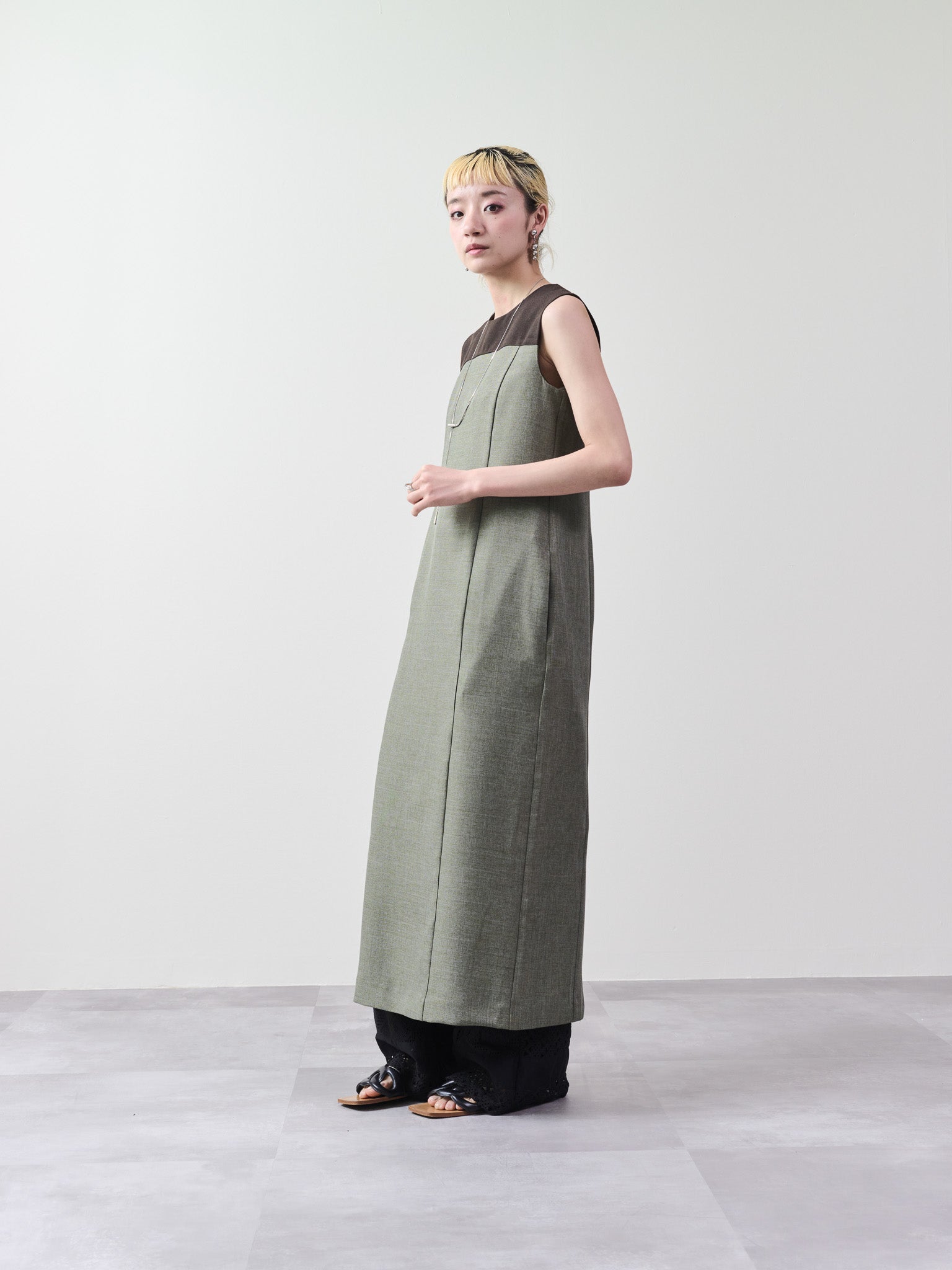 ツィードライク配色Iラインワンピース [603317] khaki