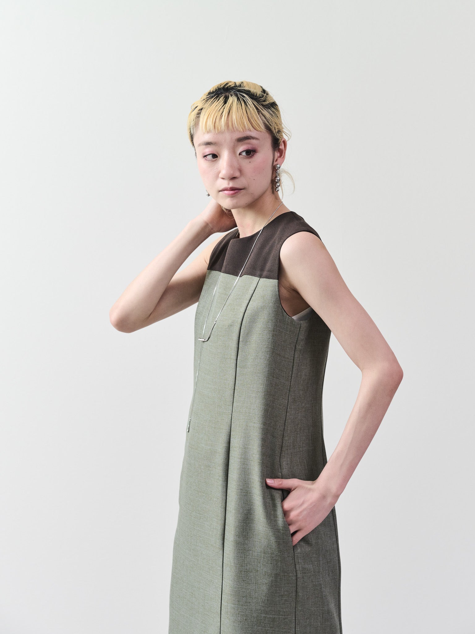 ツィードライク配色Iラインワンピース [603317] khaki