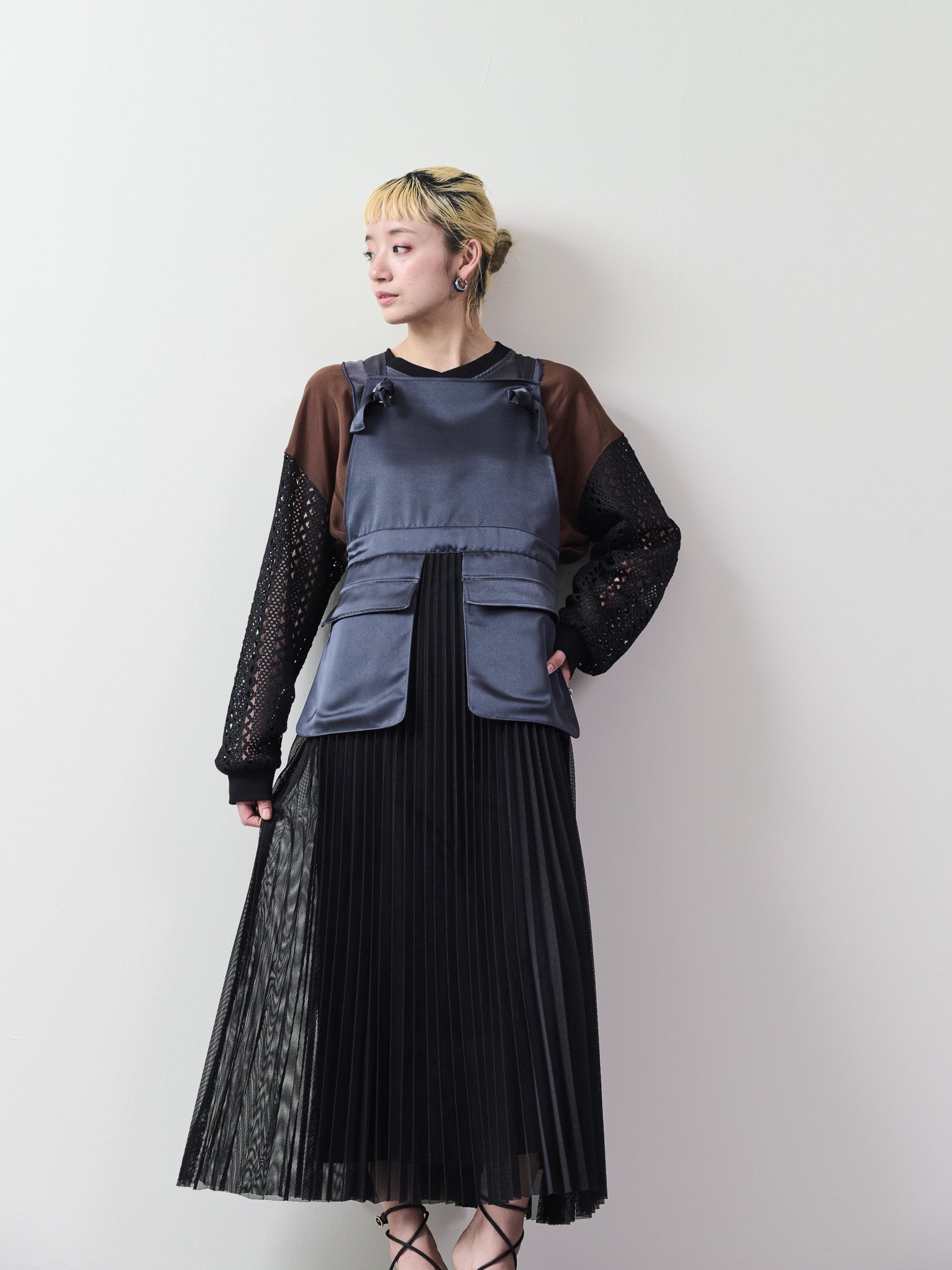 メッシュプリーツサロペットワンピース [601330] black