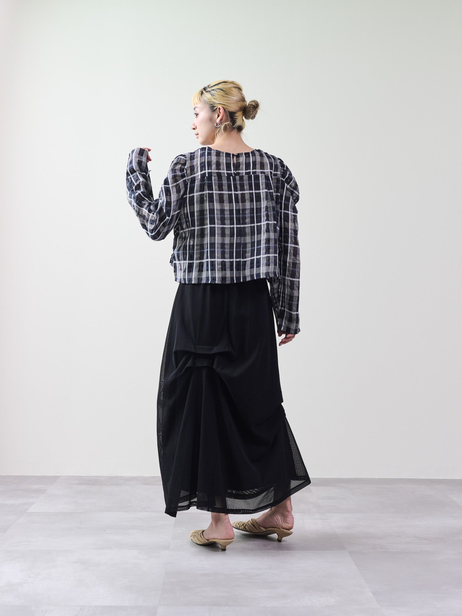 チェックタックスリーブブラウス [601312] navy