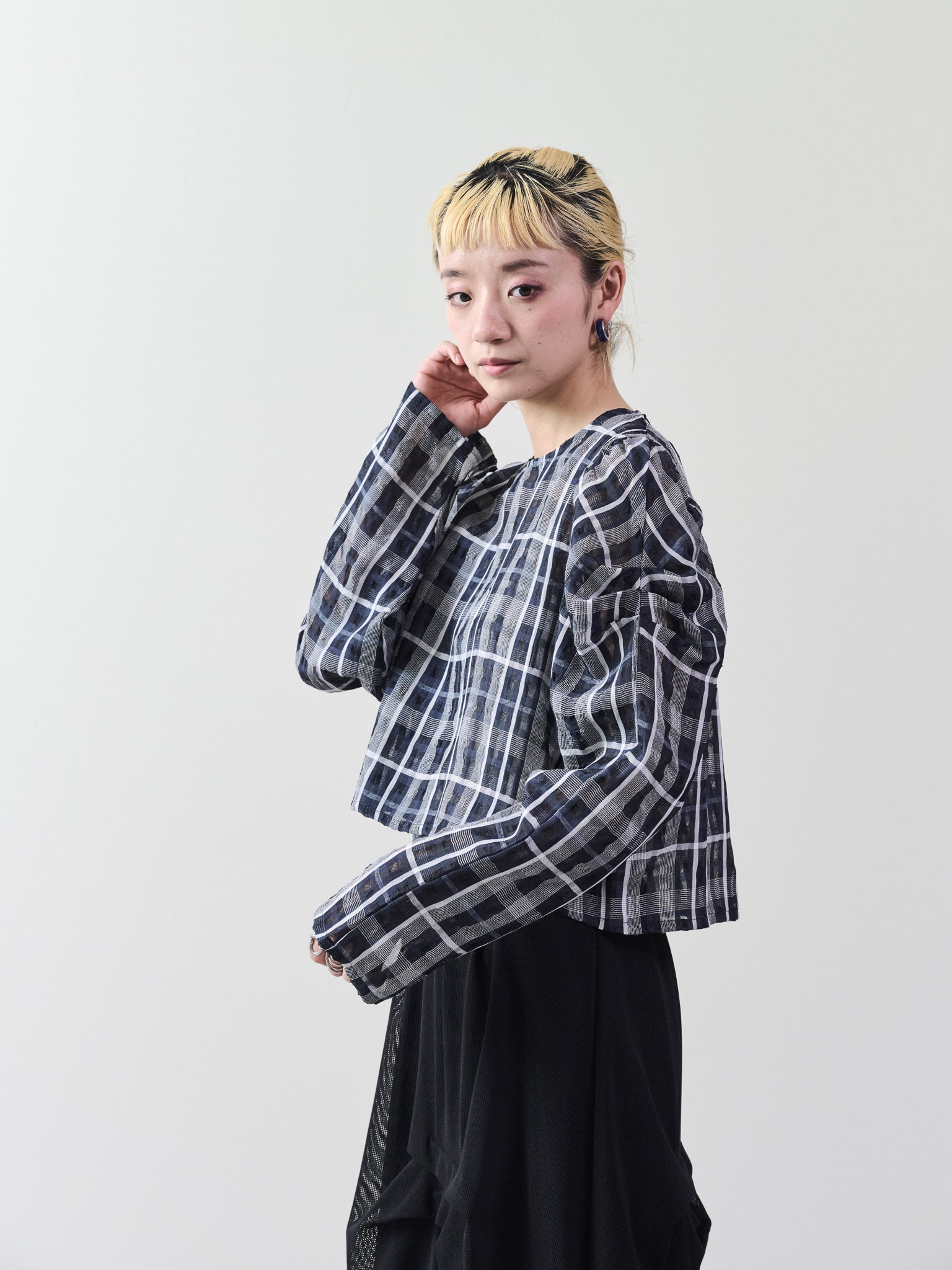 チェックタックスリーブブラウス [601312] navy