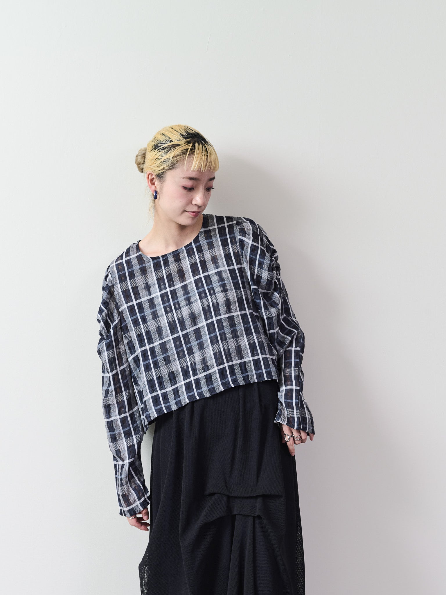 チェックタックスリーブブラウス [601312] navy