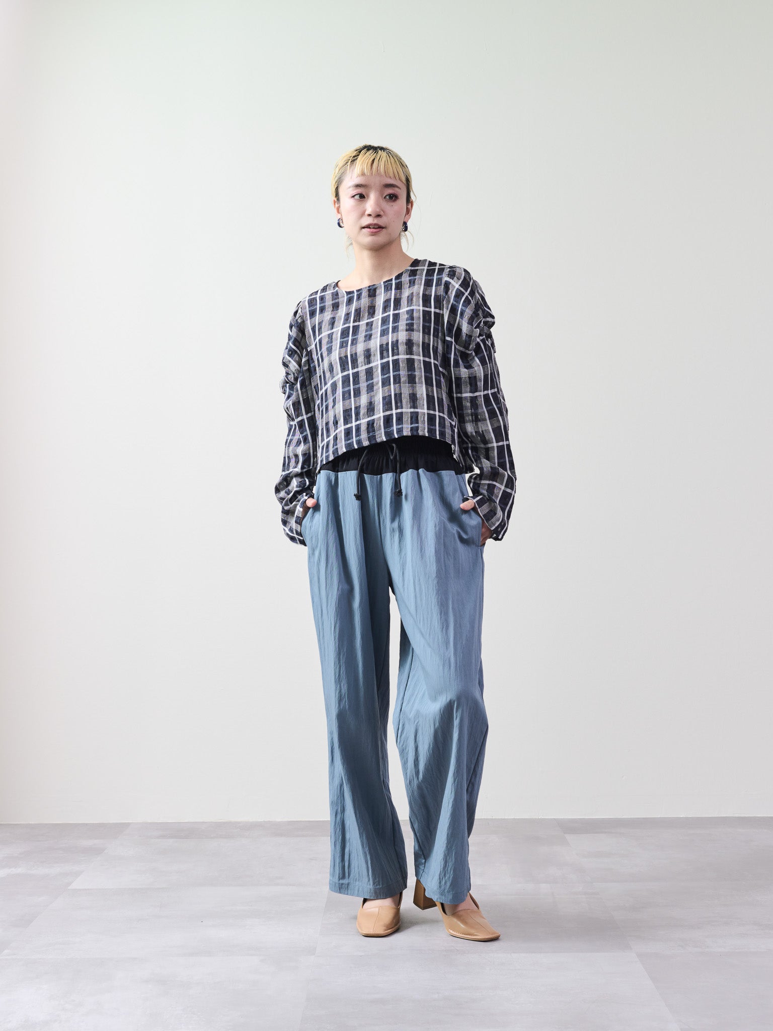 チェックタックスリーブブラウス [601312] navy