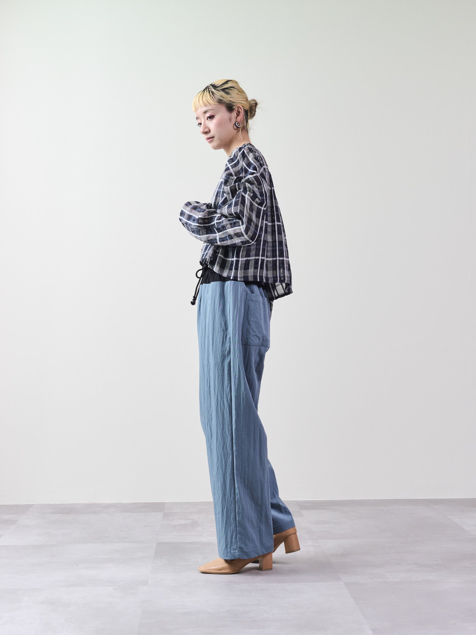 チェックタックスリーブブラウス [601312] navy