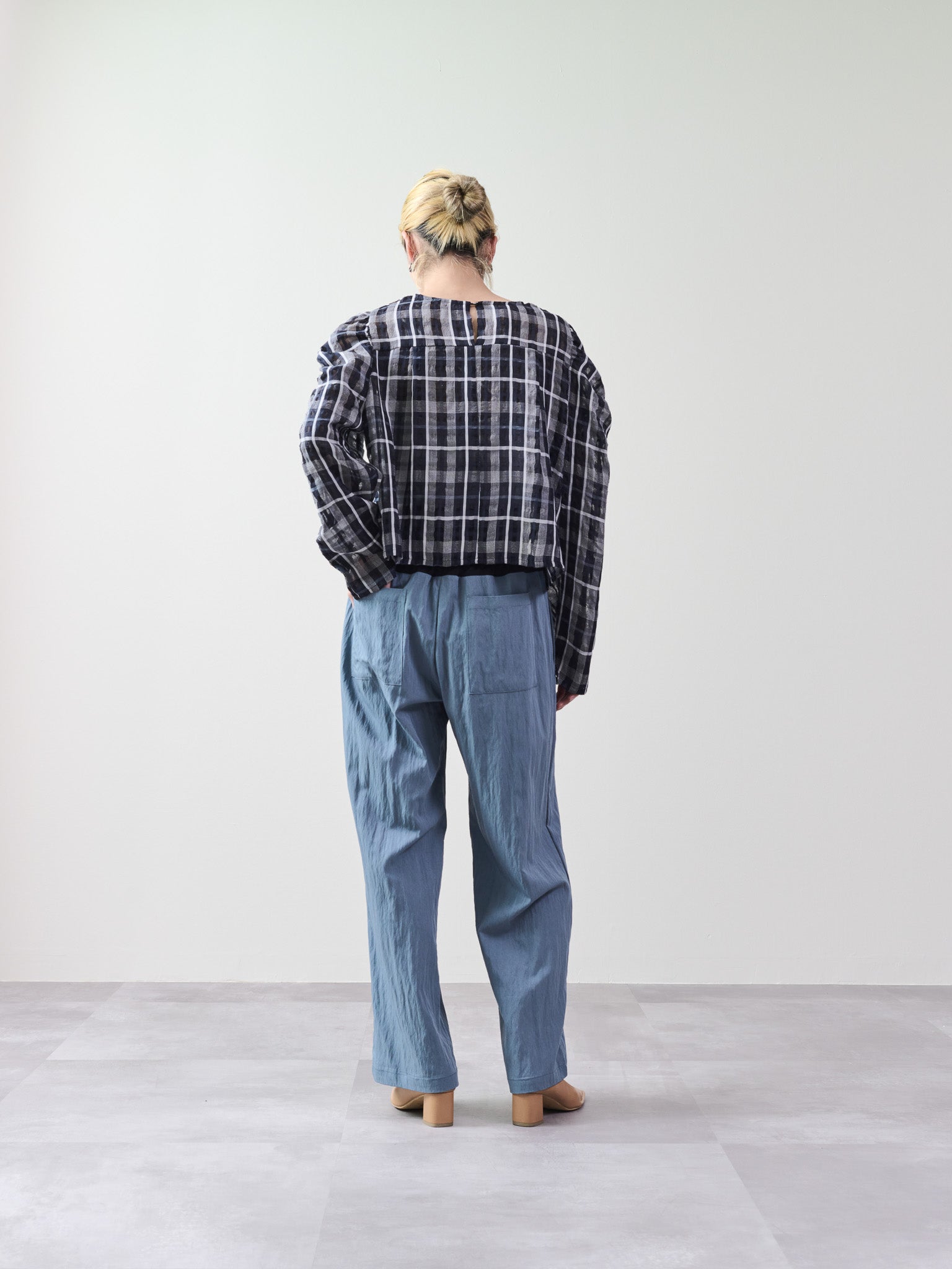 チェックタックスリーブブラウス [601312] navy