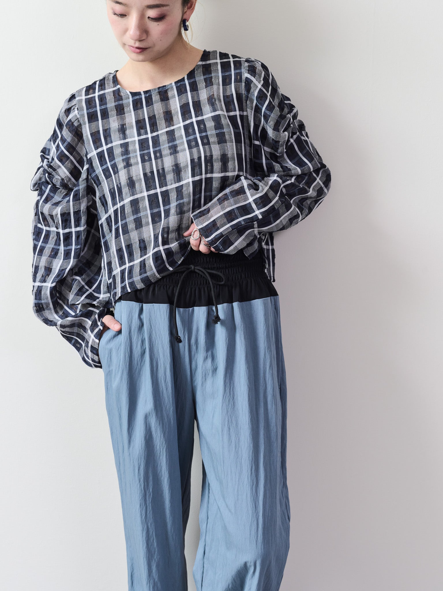 ウエストシャーリング配色ワイドパンツ [601314] blue