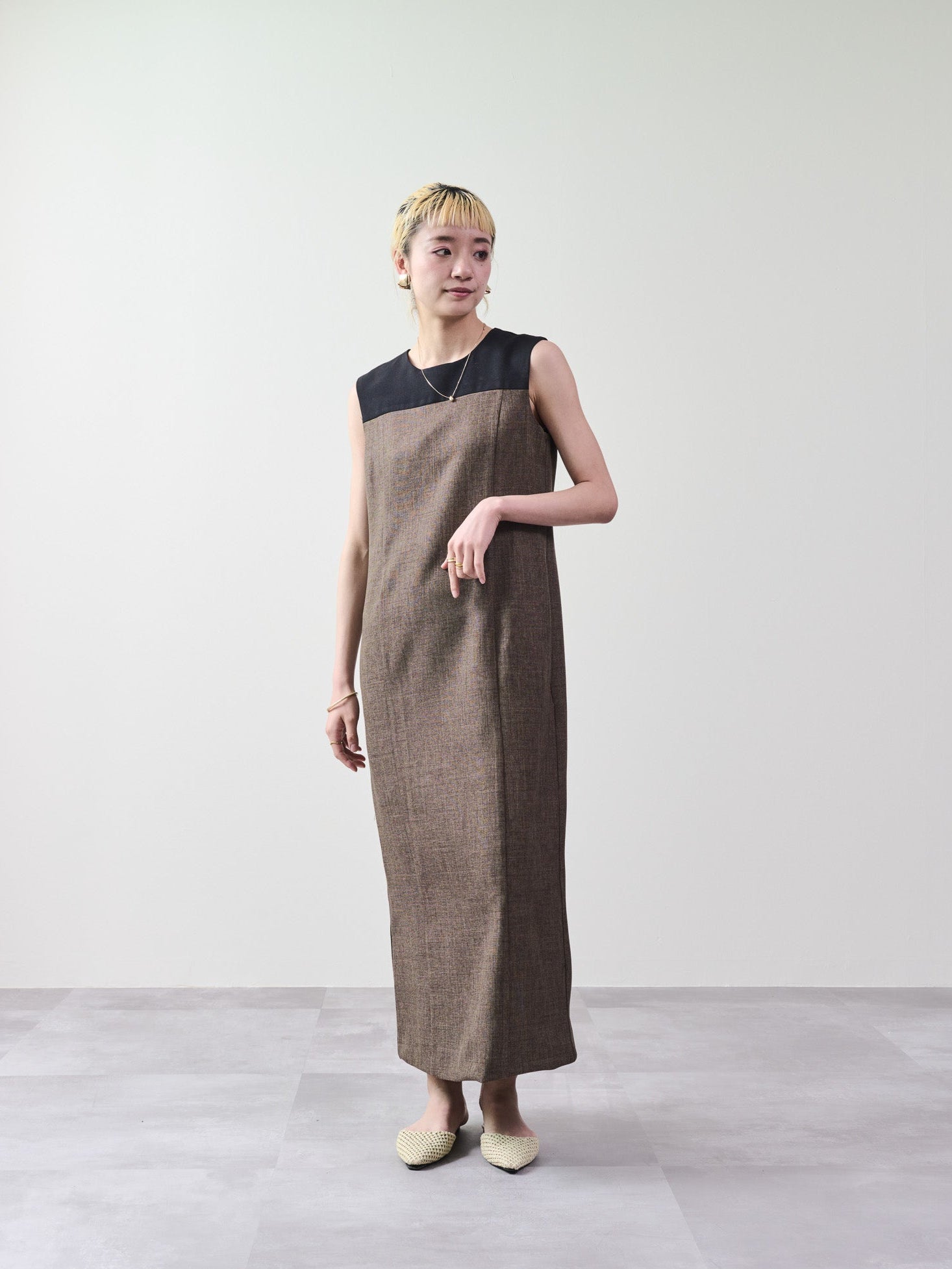 ツィードライク配色Iラインワンピース [603317] brown