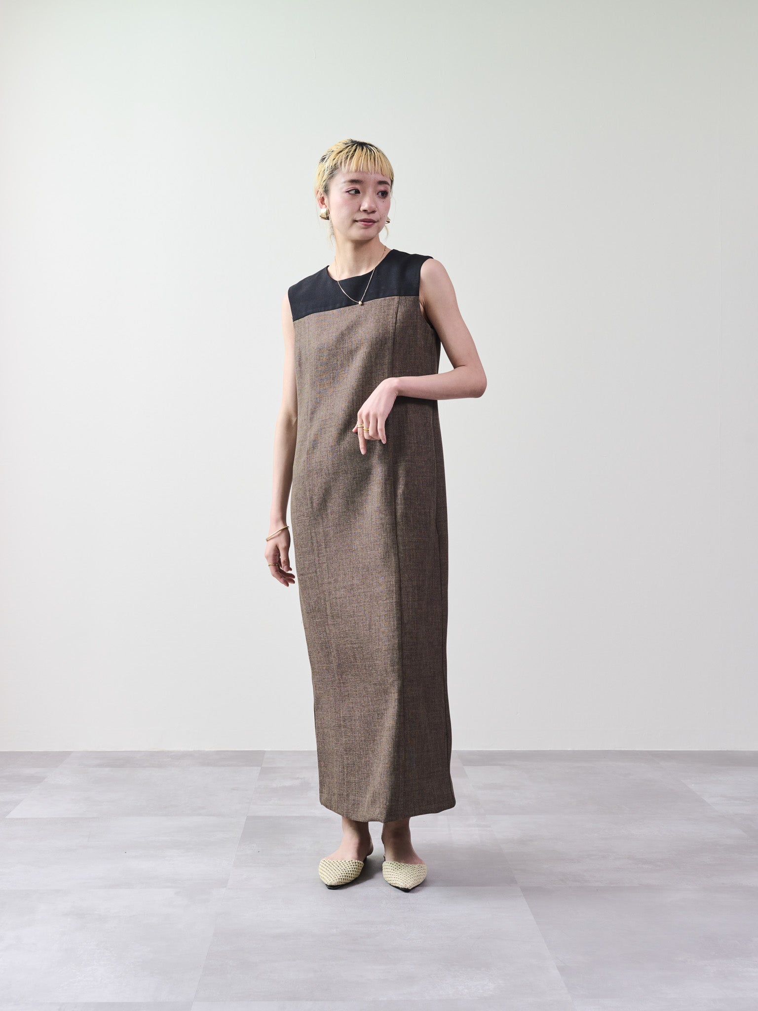 ツィードライク配色Iラインワンピース [603317] brown