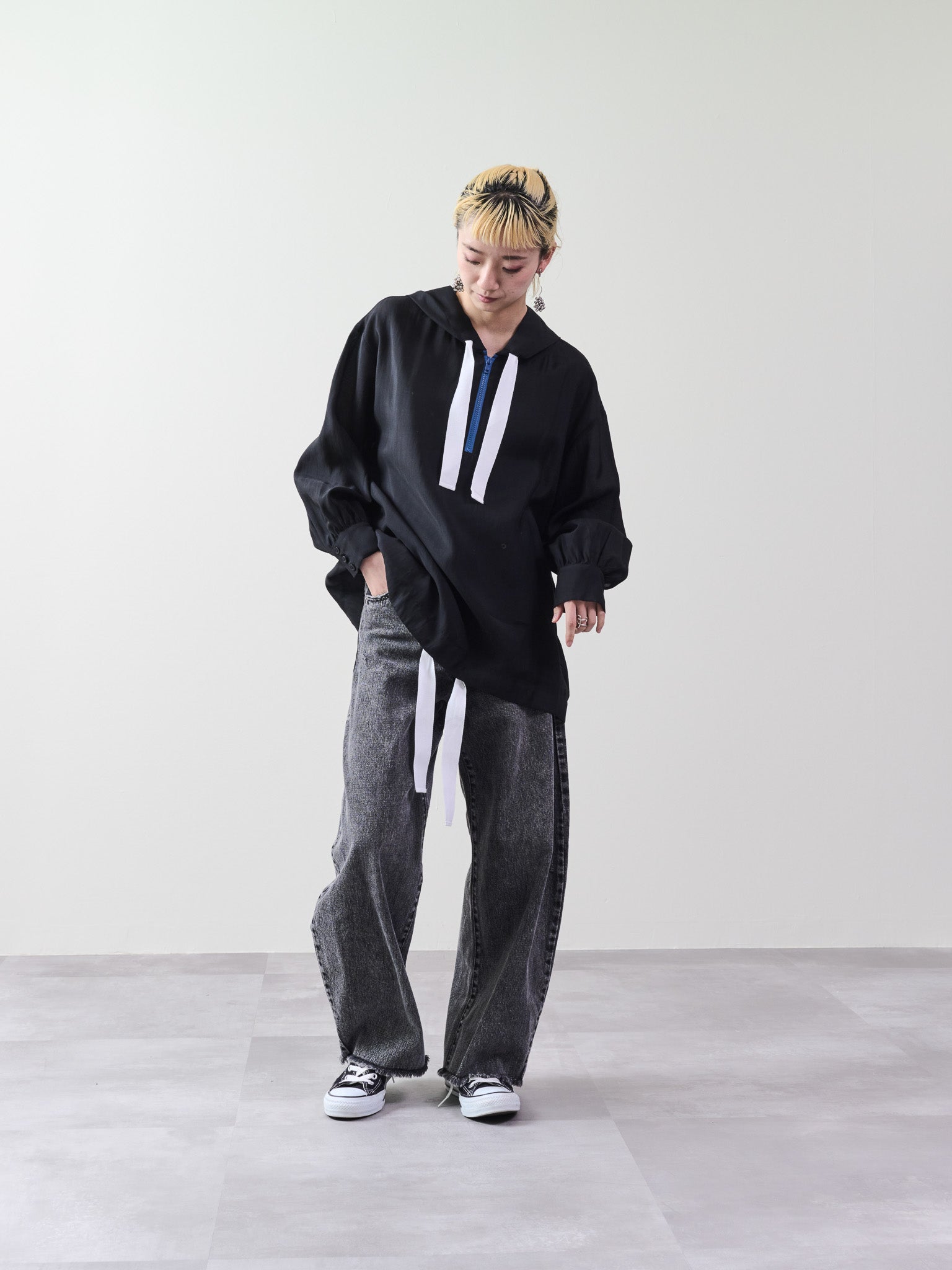 テープ配色シアーフーディートップス [601331] black