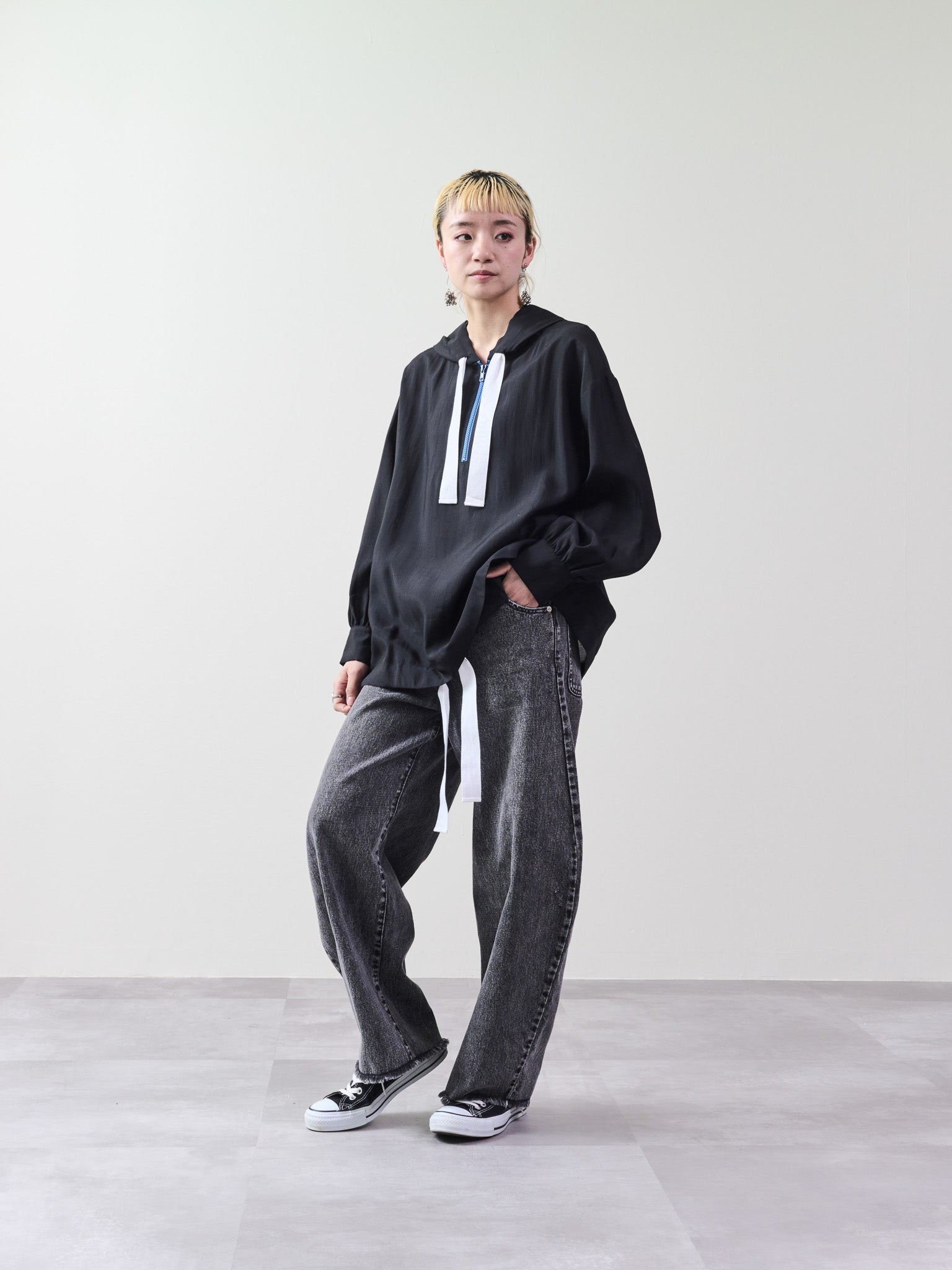 テープ配色シアーフーディートップス [601331] black