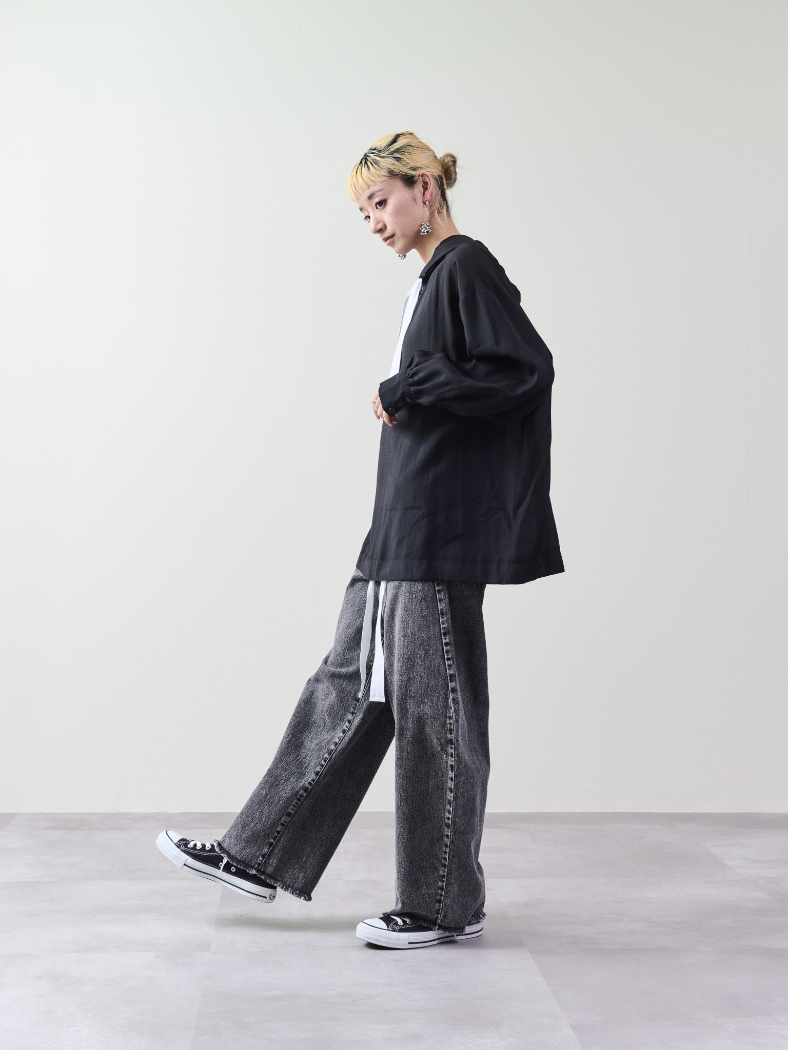 テープ配色シアーフーディートップス [601331] black