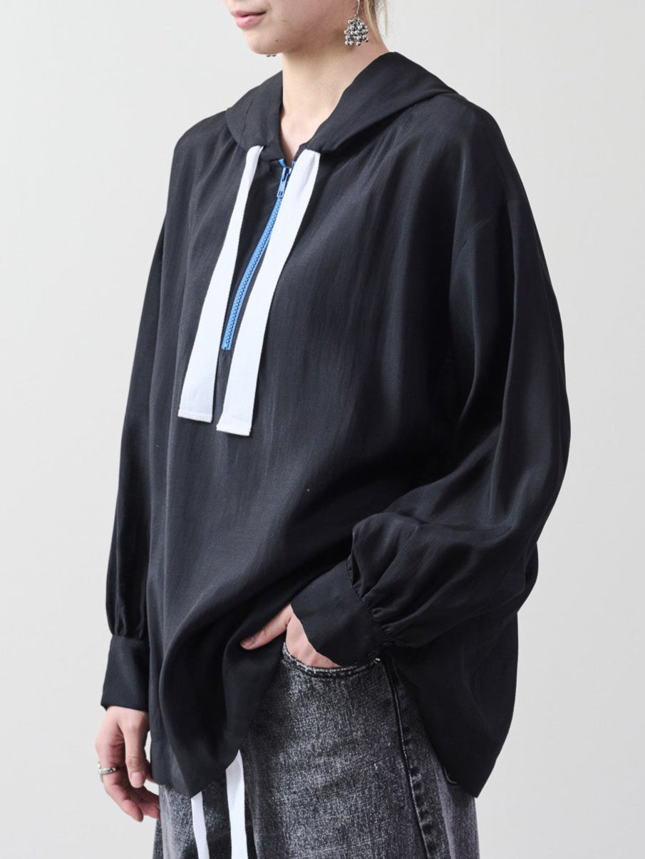 テープ配色シアーフーディートップス [601331] black