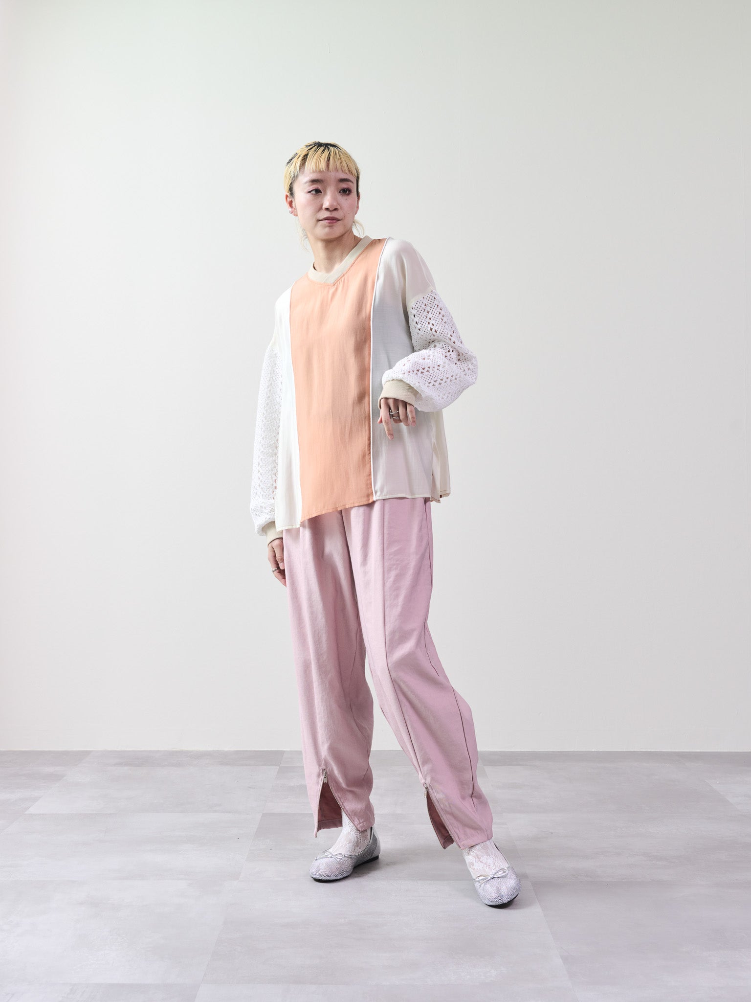 配色異素材切替トップス [601332] orange
