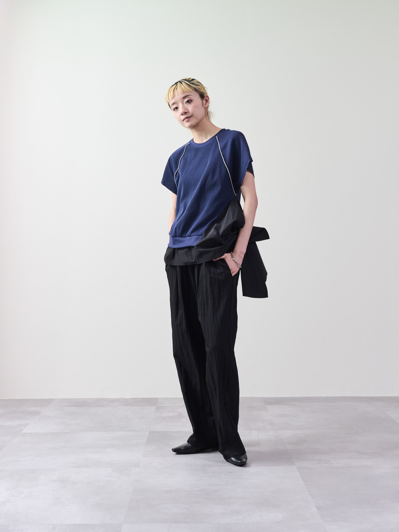 ワッフルアームホール配色アシメヘムトップス [601399] navy
