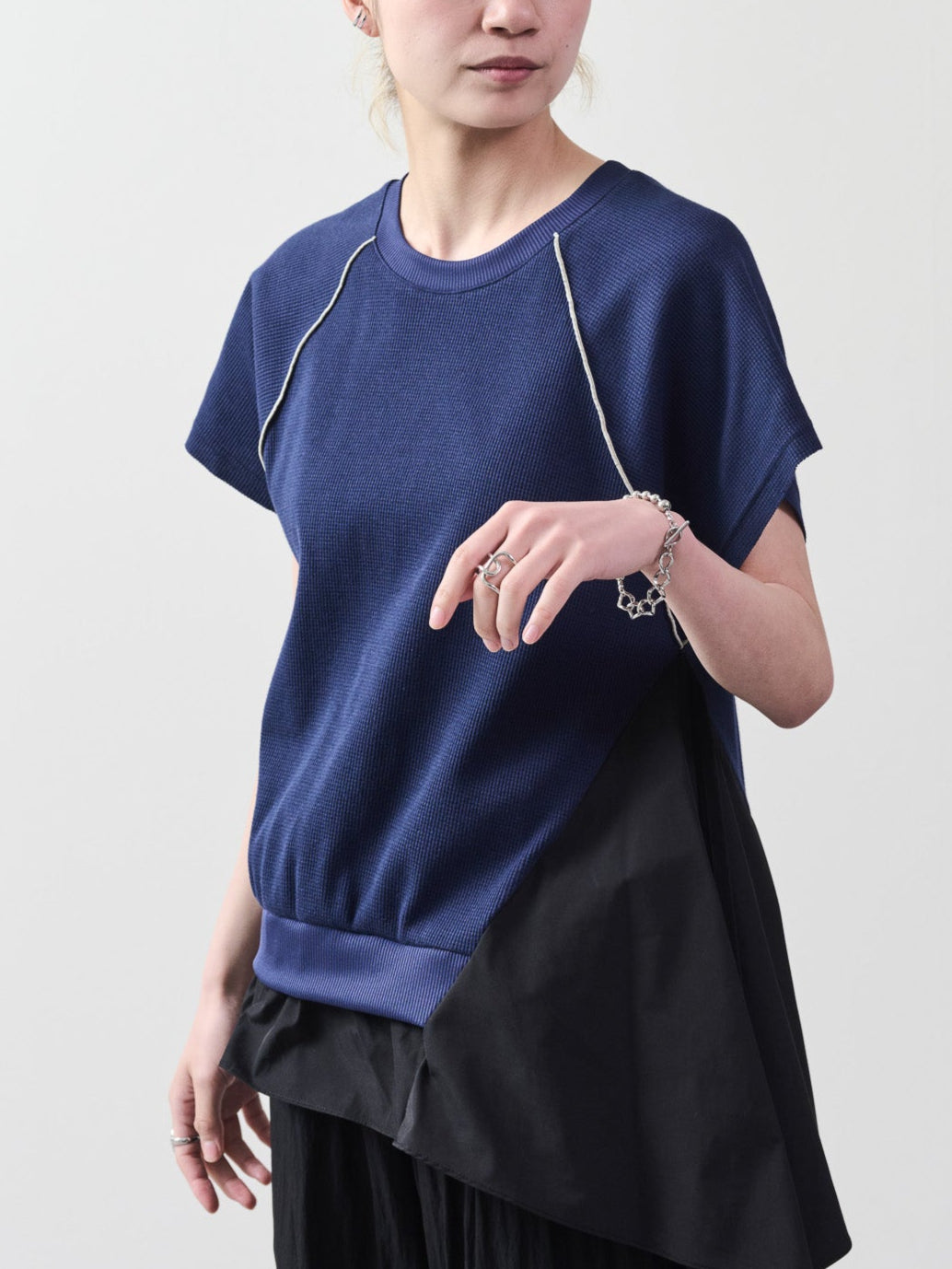 ワッフルアームホール配色アシメヘムトップス [601399] navy