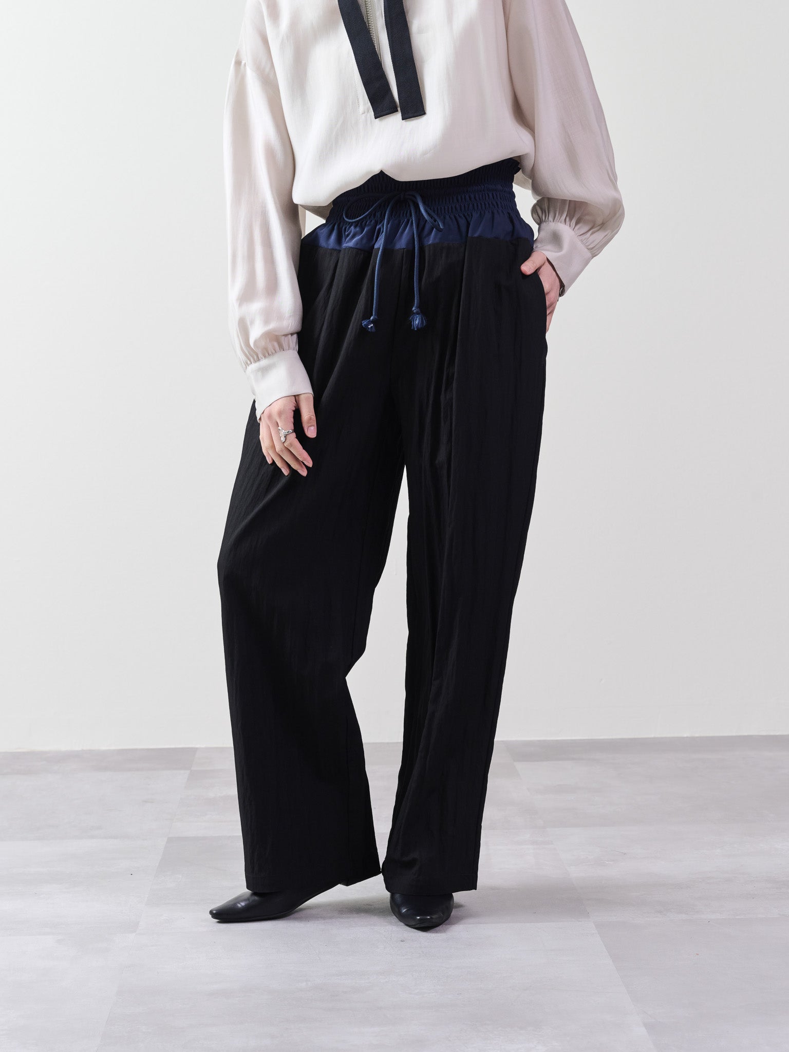 ウエストシャーリング配色ワイドパンツ [601314] black