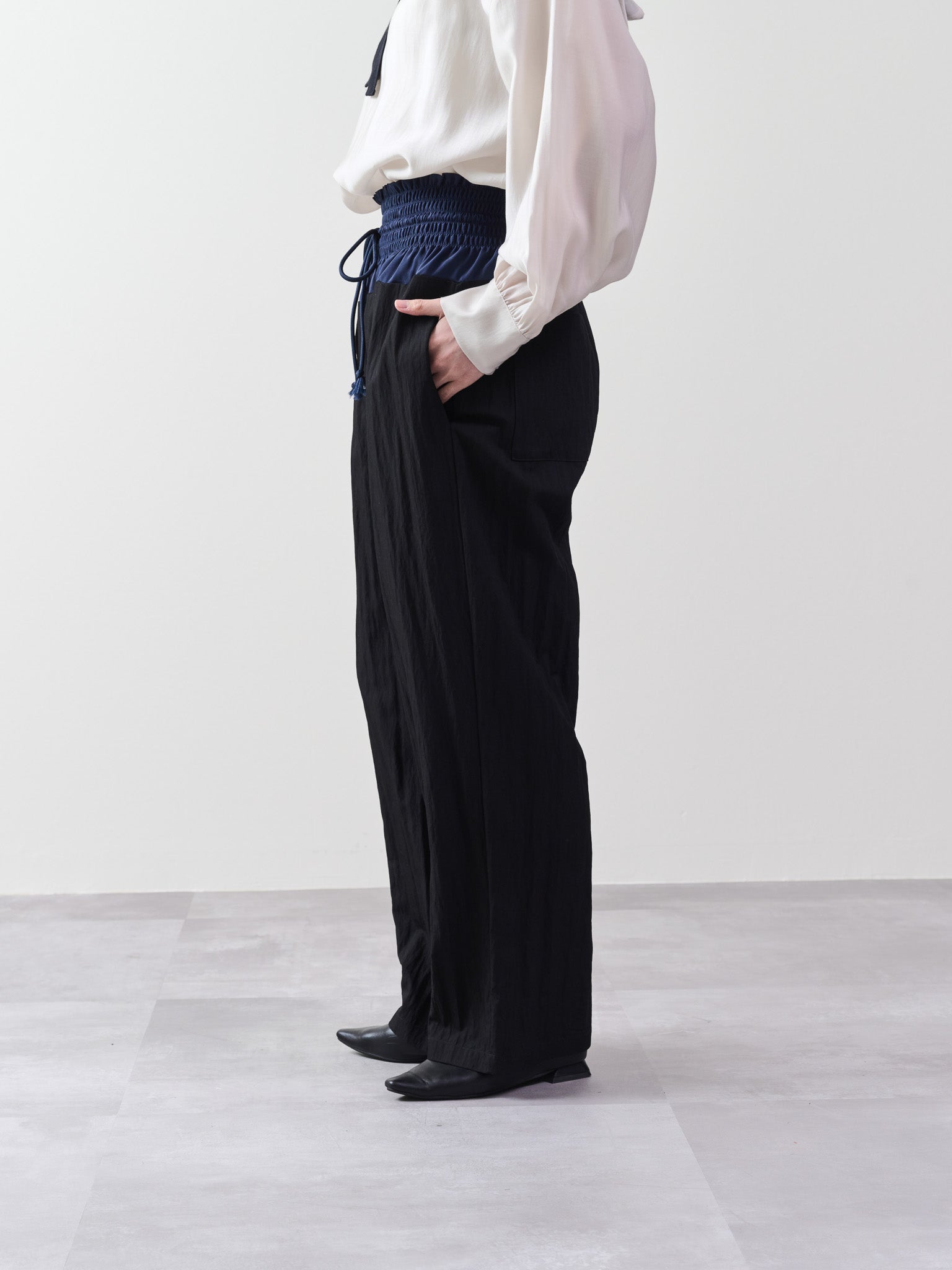 ウエストシャーリング配色ワイドパンツ [601314] black