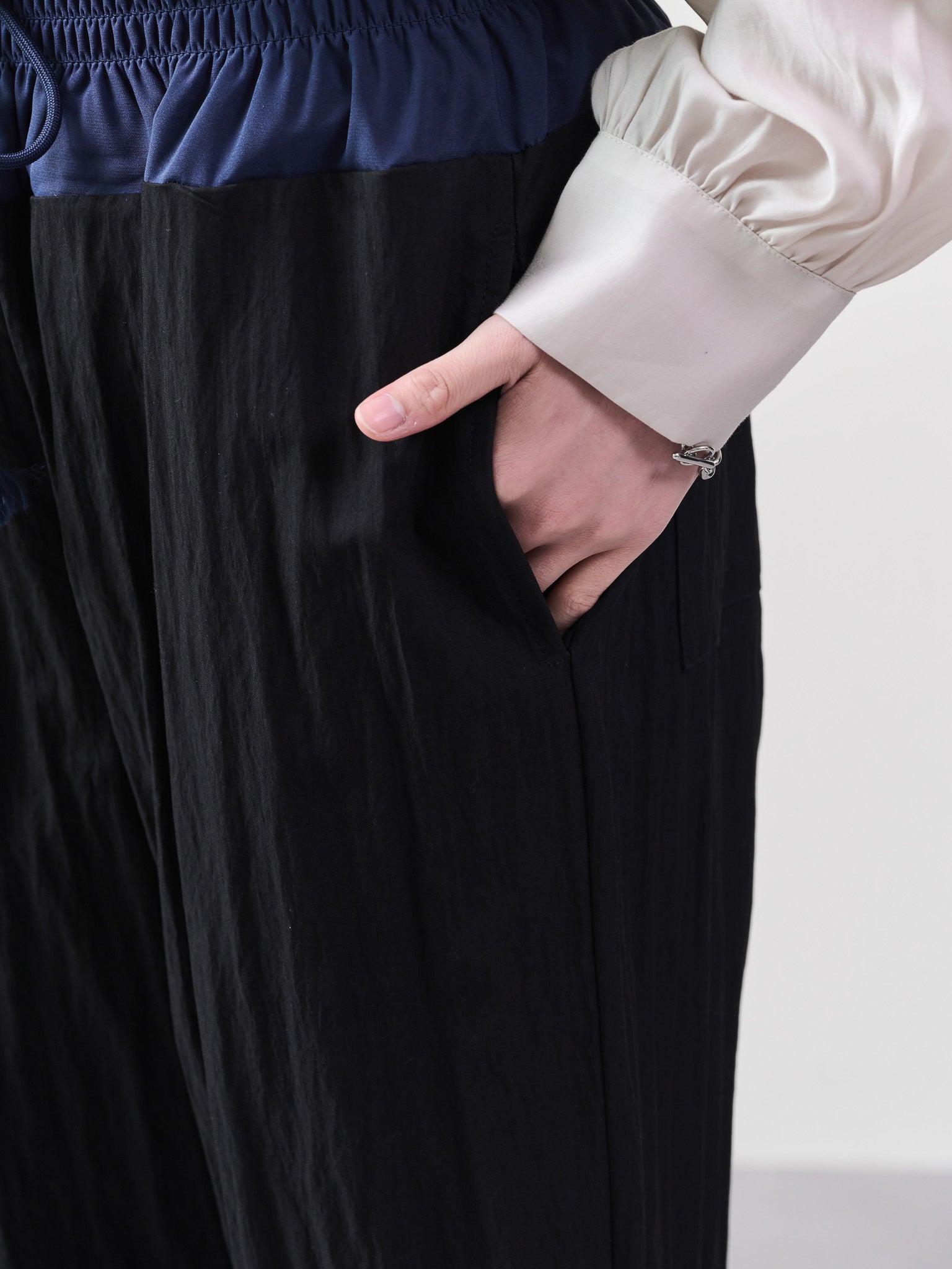ウエストシャーリング配色ワイドパンツ [601314] black