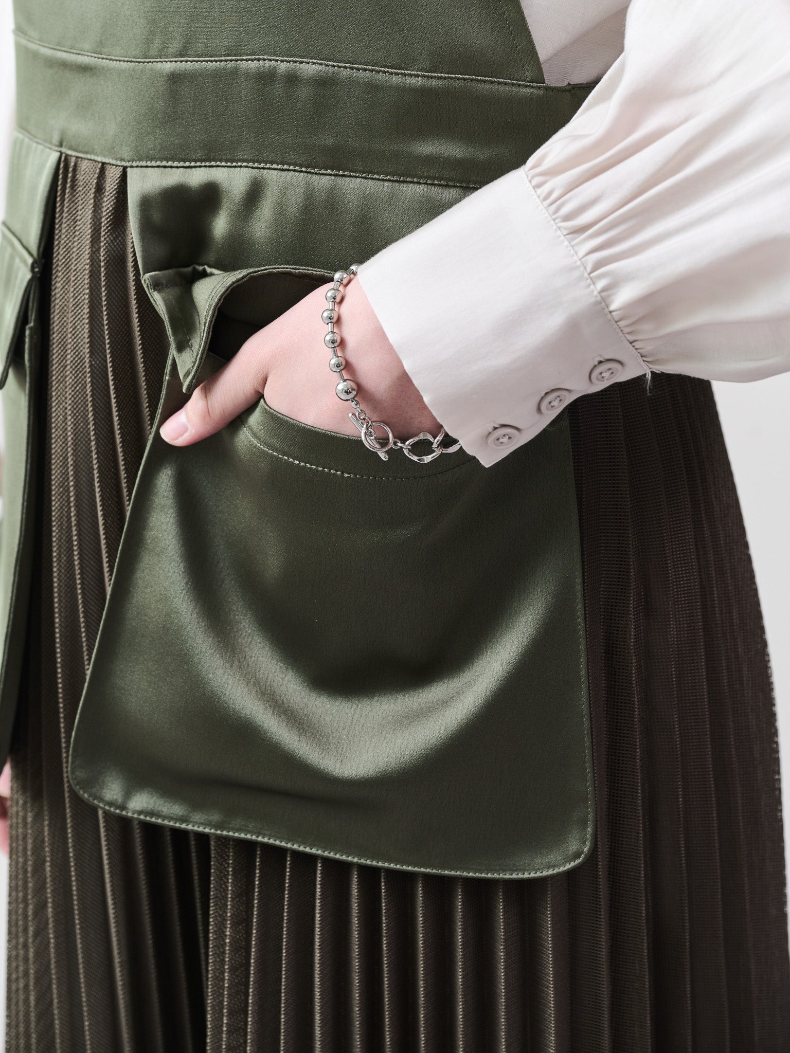 メッシュプリーツサロペットワンピース [601330] khaki