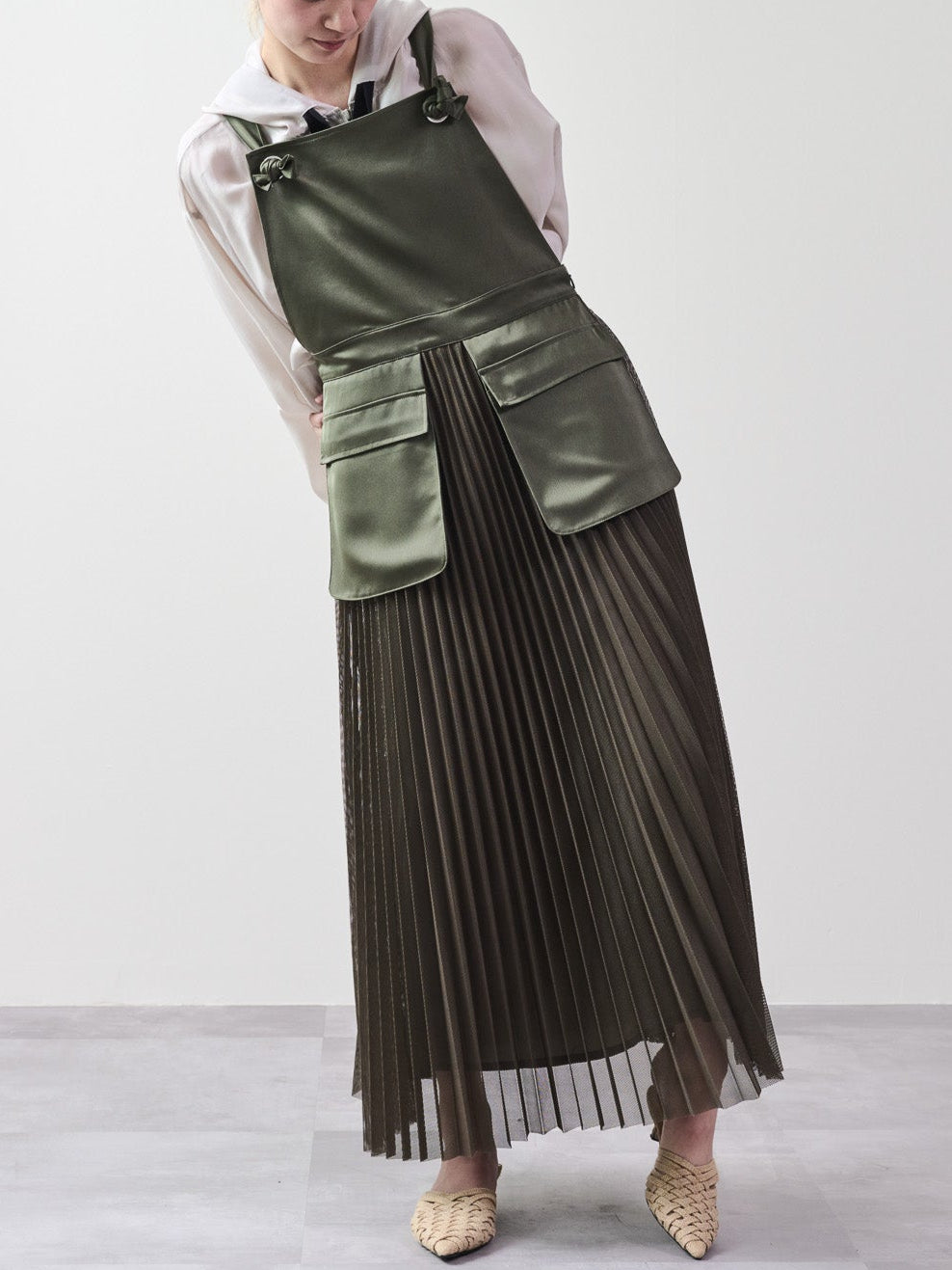 メッシュプリーツサロペットワンピース [601330] khaki