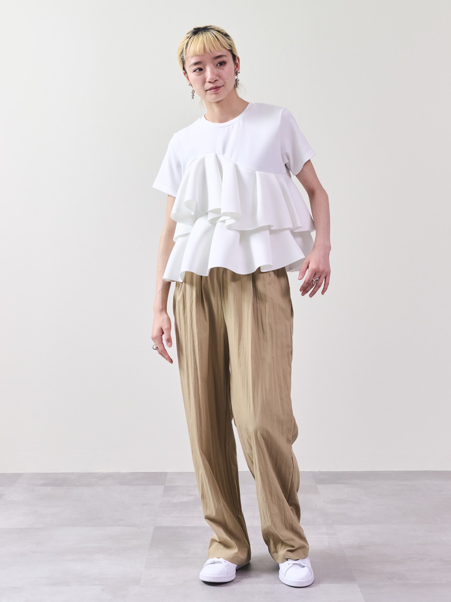 ウエストシャーリング配色ワイドパンツ [601314] beige