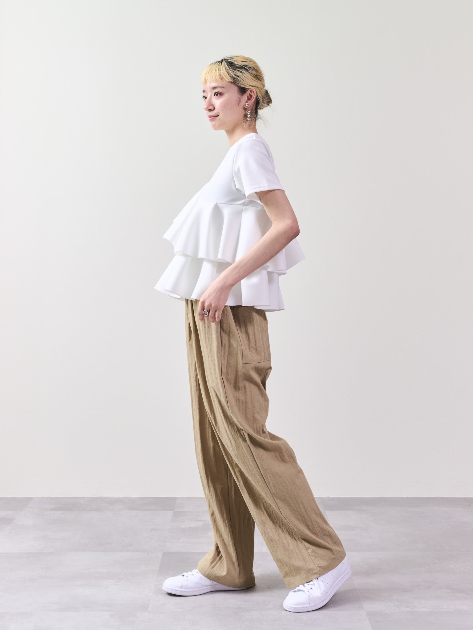 ウエストシャーリング配色ワイドパンツ [601314] beige