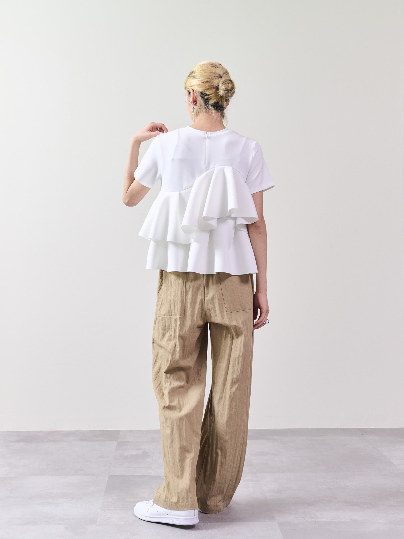 ウエストシャーリング配色ワイドパンツ [601314] beige