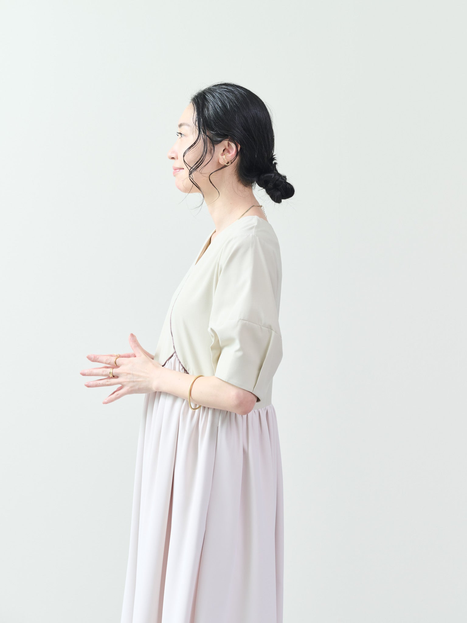 配色パイピングパネルフレアワンピース [601320] beige