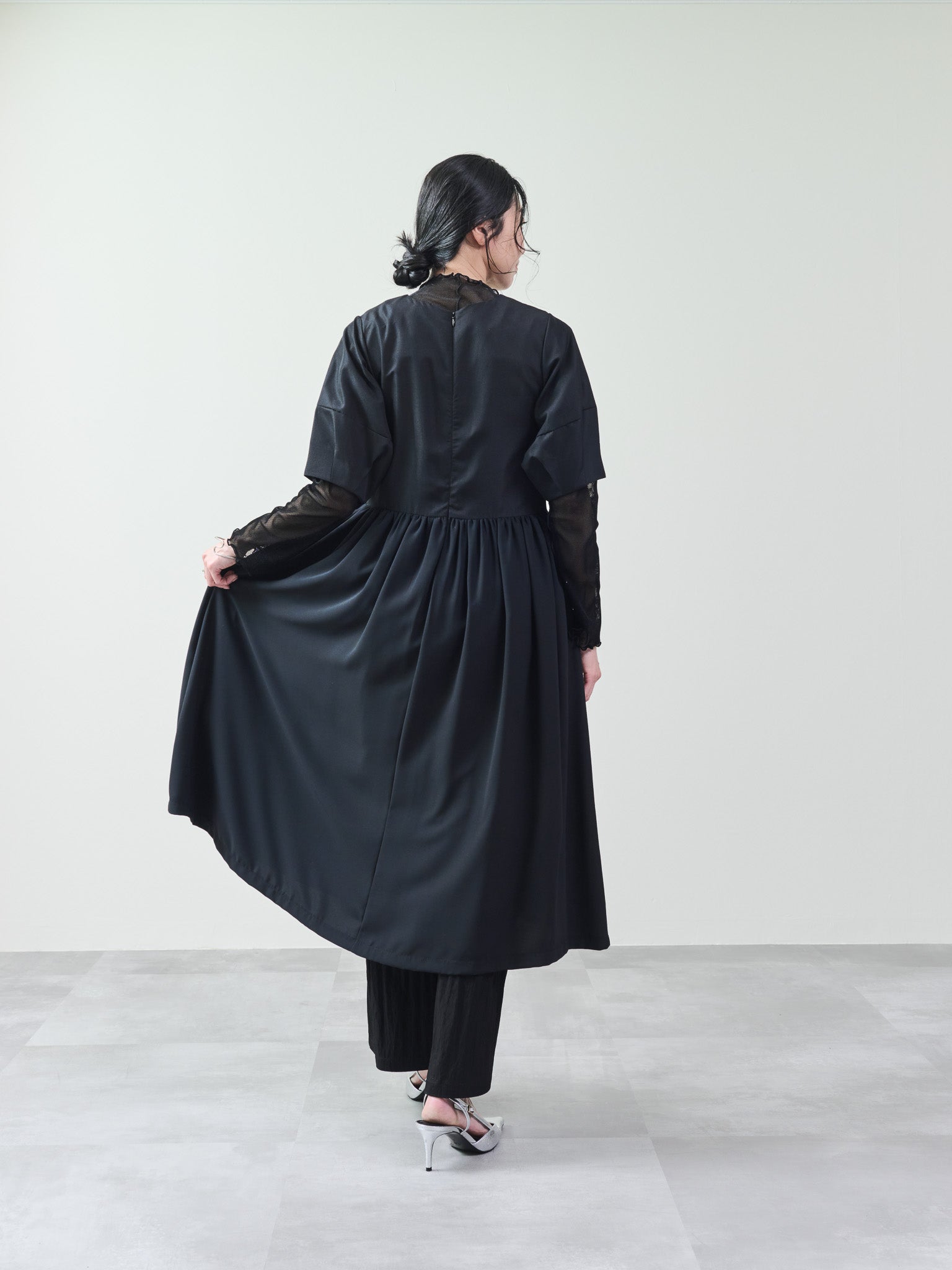 配色パイピングパネルフレアワンピース [601320] black