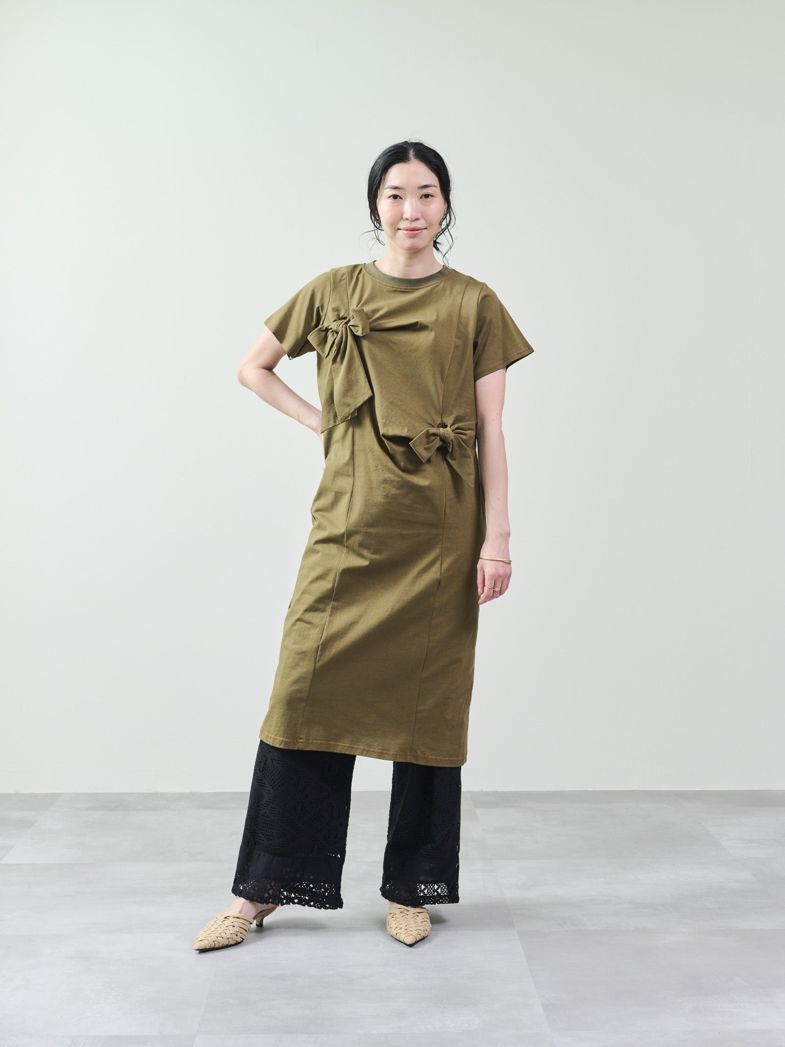フロントリボン配色ステッチワンピース [601326] khaki